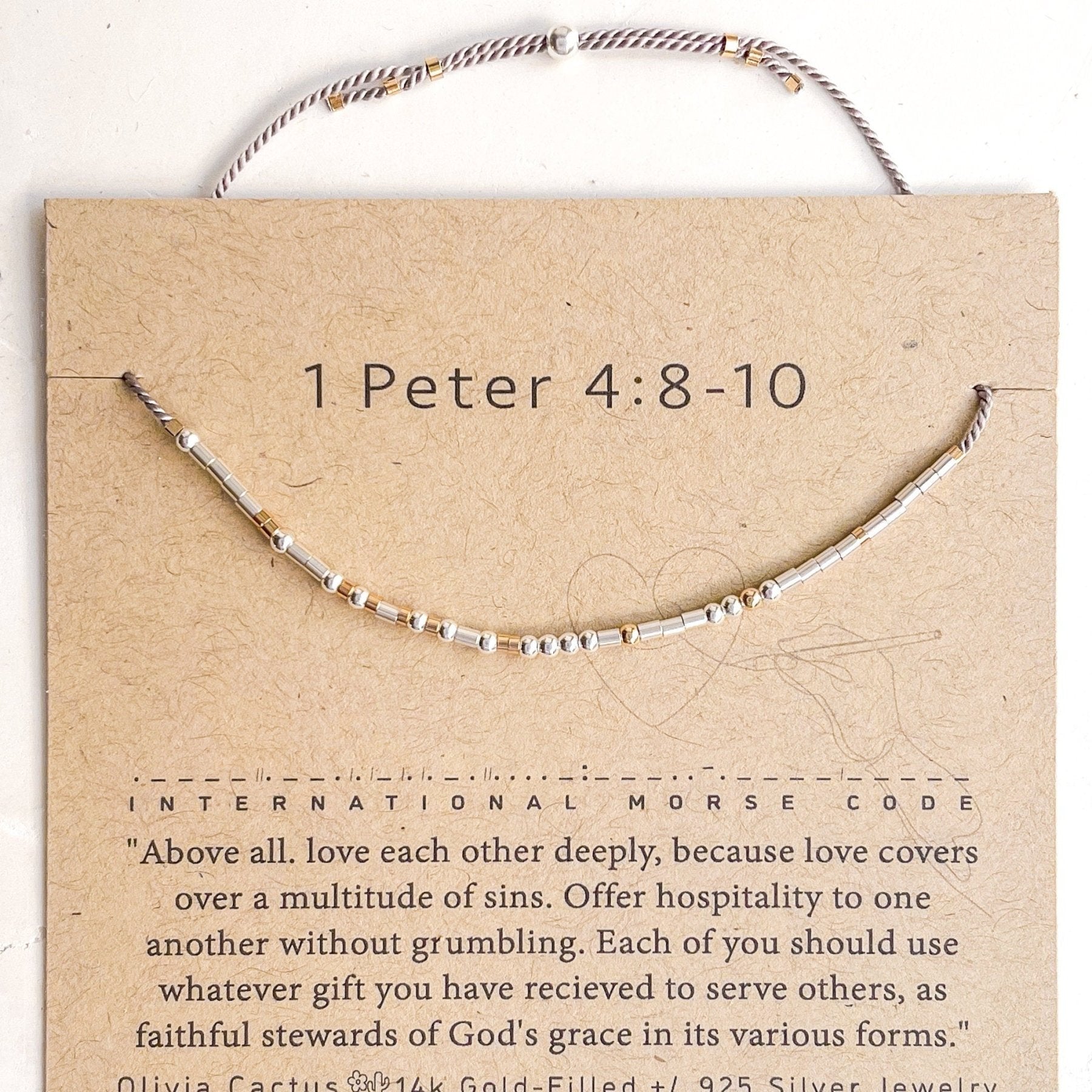 1 Peter 4:8 - 10 Bible Morse Code Bracelet - Dainty 14K Gold & Silver Jewelry by Olivia Cactus
