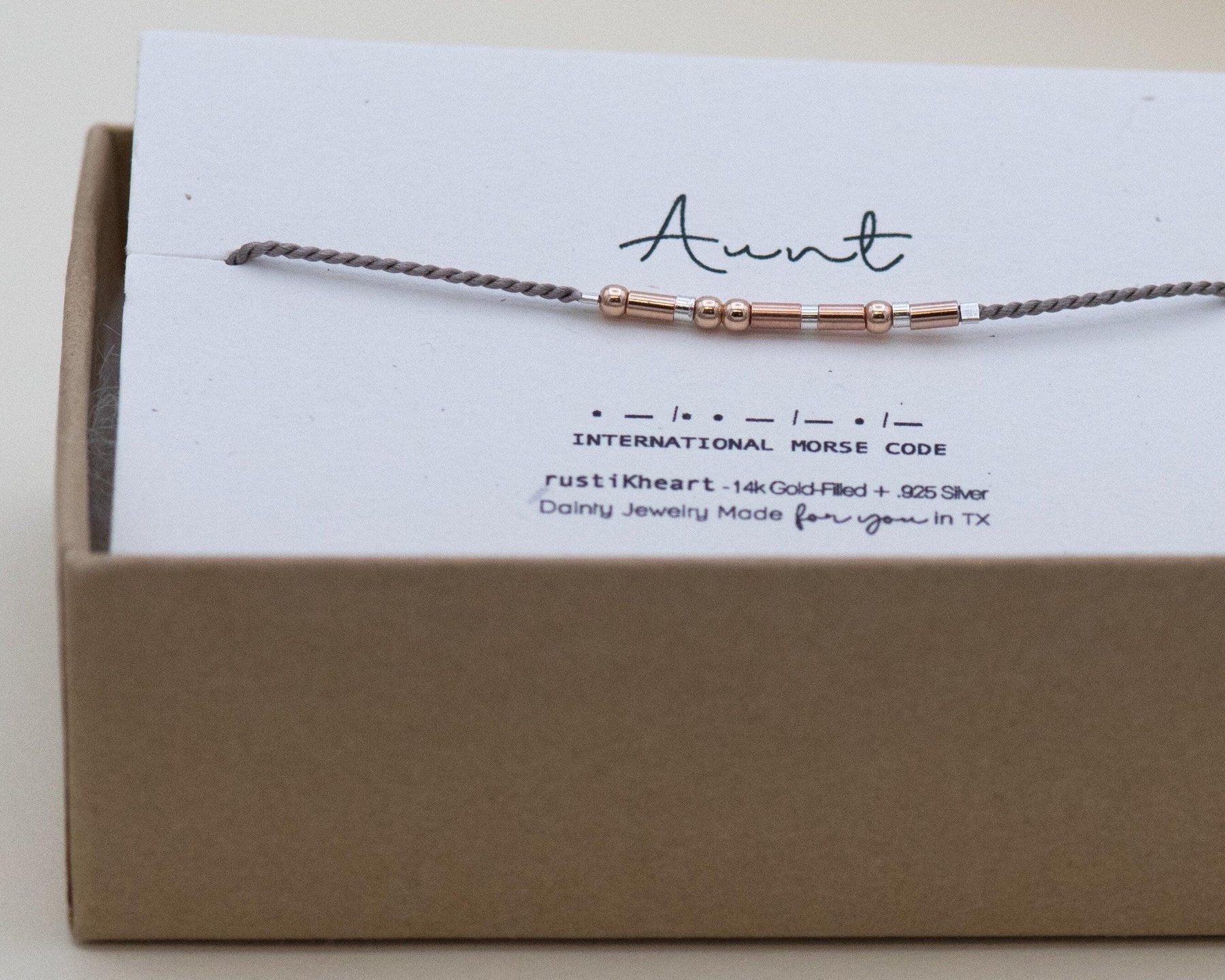 Aunt Morse Code Bracelet - Dainty 14K Gold & Silver Jewelry by Olivia Cactus