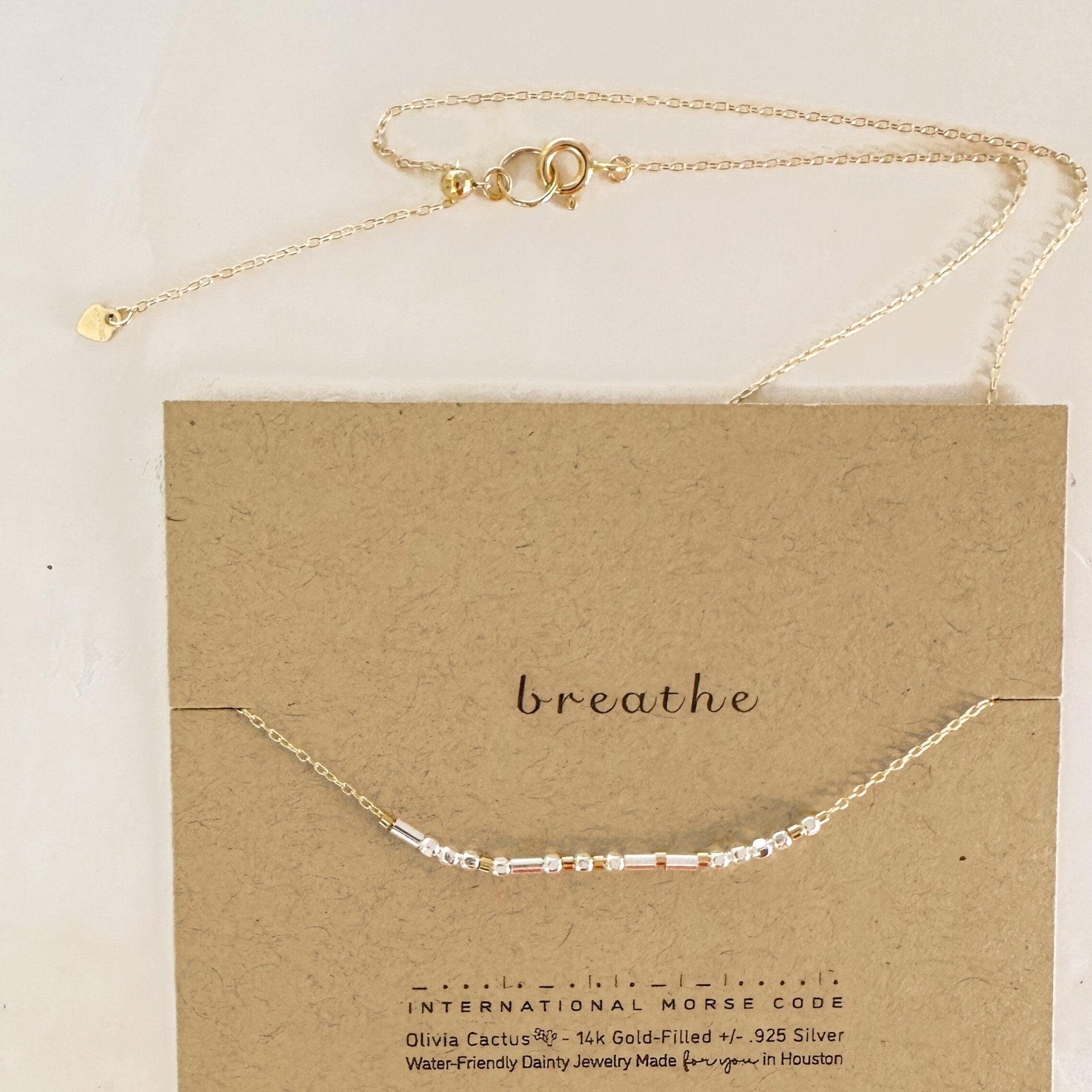 Breathe Morse Code Necklace - Dainty 14K Gold & Silver Jewelry by Olivia Cactus