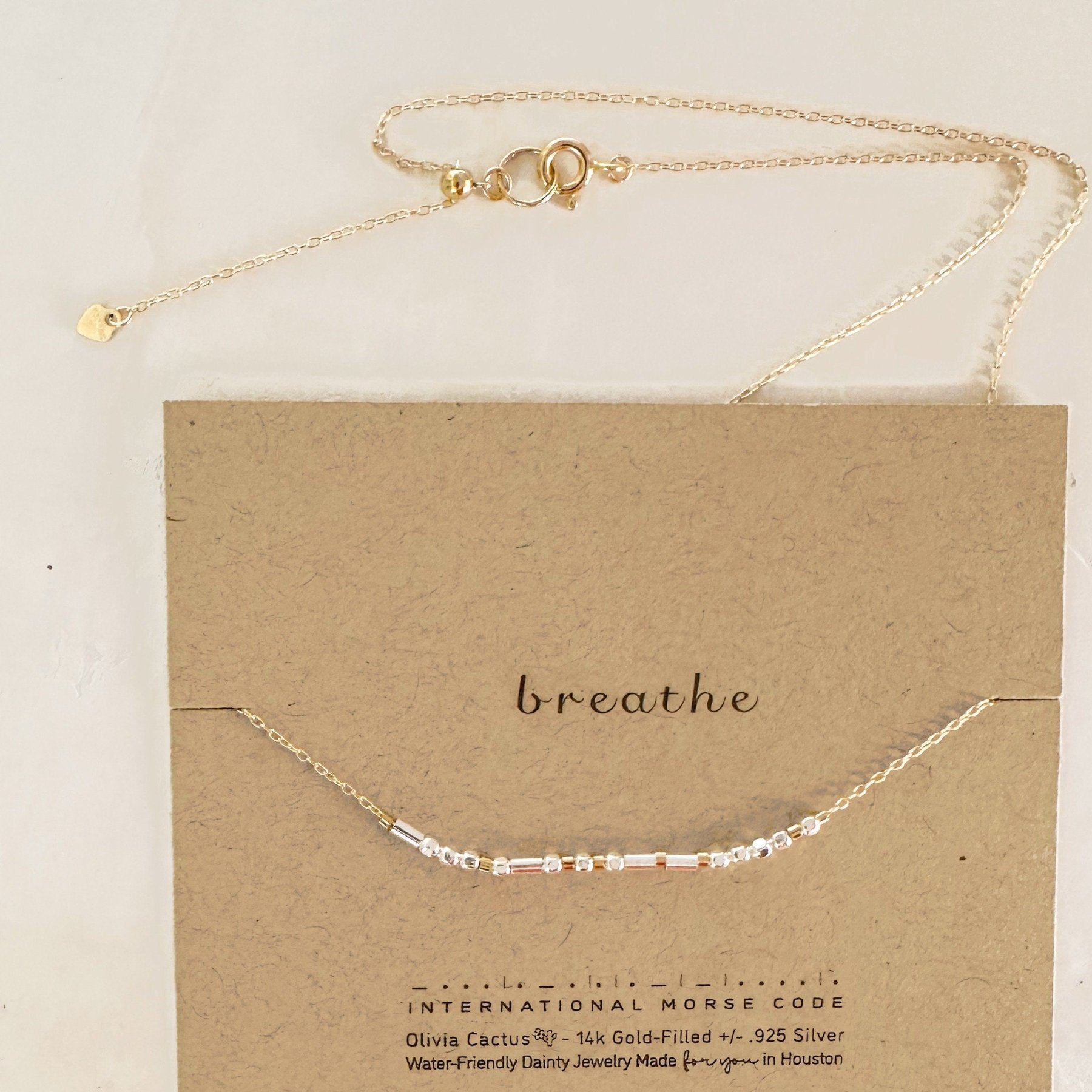 Breathe Morse Code Necklace - Dainty 14K Gold & Silver Jewelry by Olivia Cactus
