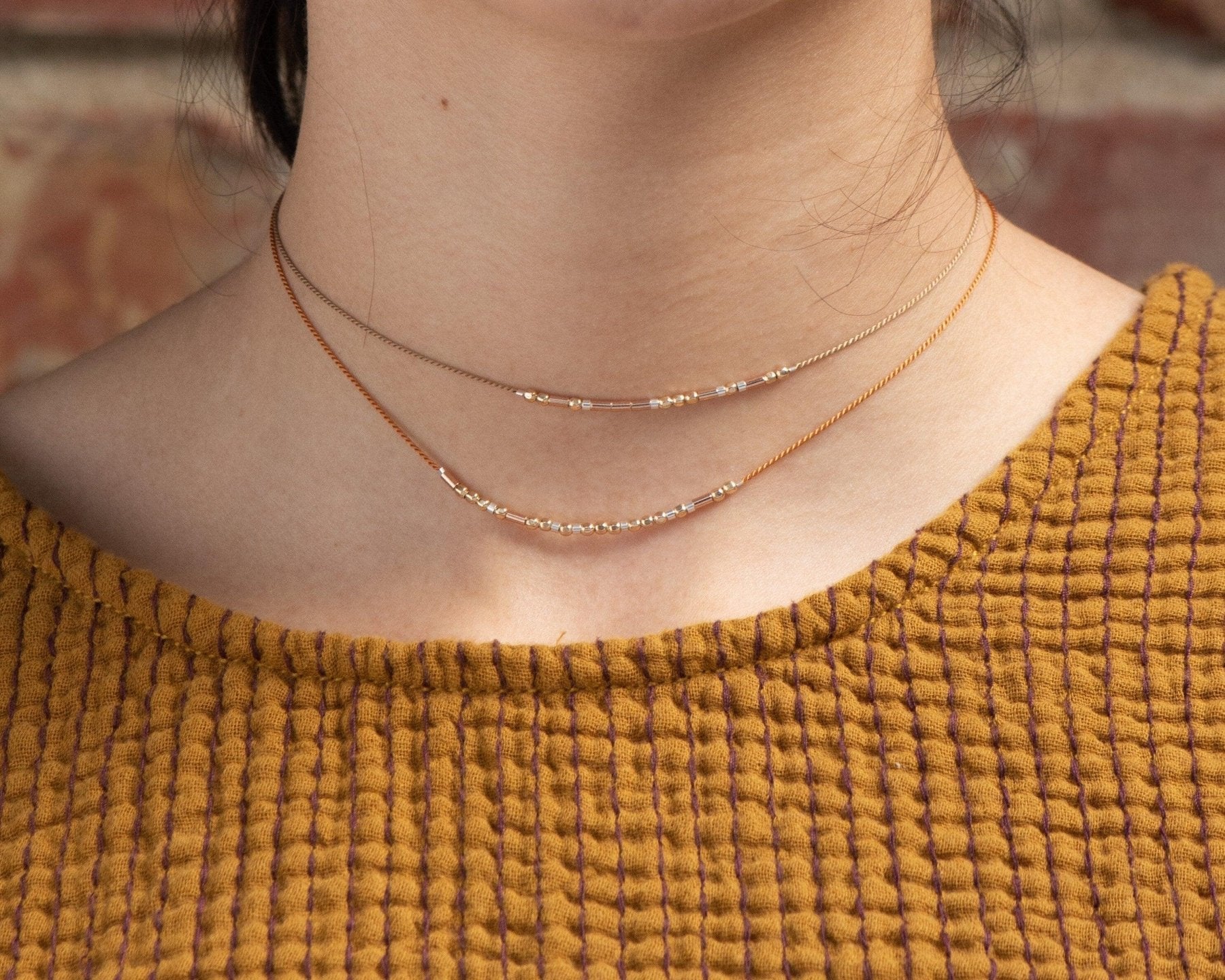 Dainty Morse code Necklace on Cord - Dainty 14K Gold & Silver Jewelry by Olivia Cactus