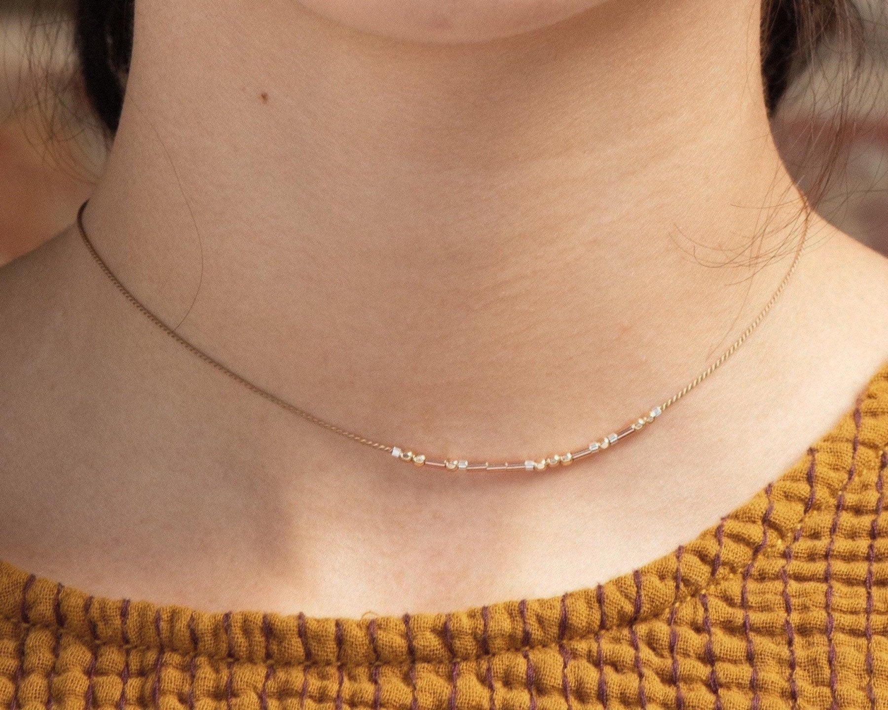 Dainty Morse code Necklace on Cord - Dainty 14K Gold & Silver Jewelry by Olivia Cactus