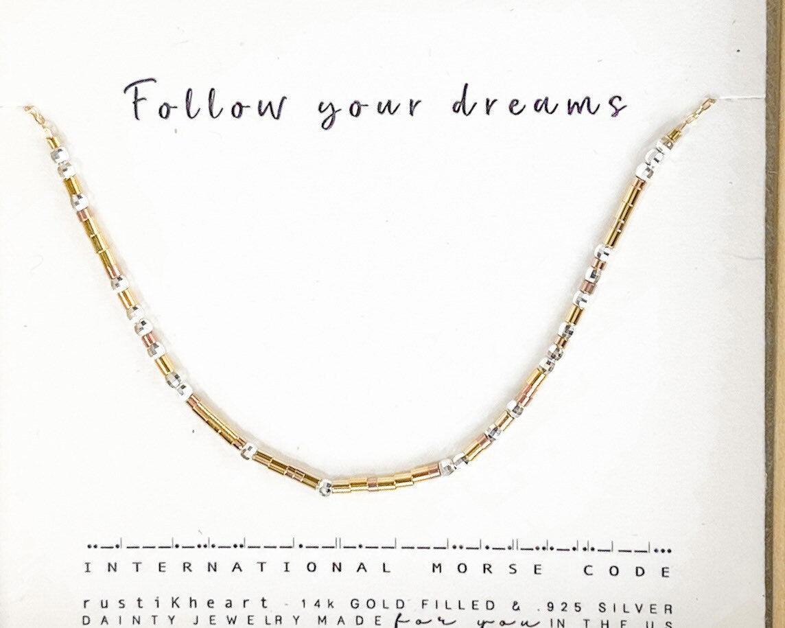 Follow Your Dreams Morse Code Necklace - Dainty 14K Gold & Silver Jewelry by Olivia Cactus
