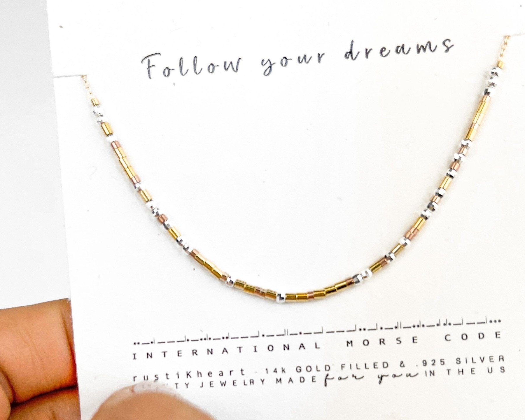Follow Your Dreams Morse Code Necklace - Dainty 14K Gold & Silver Jewelry by Olivia Cactus
