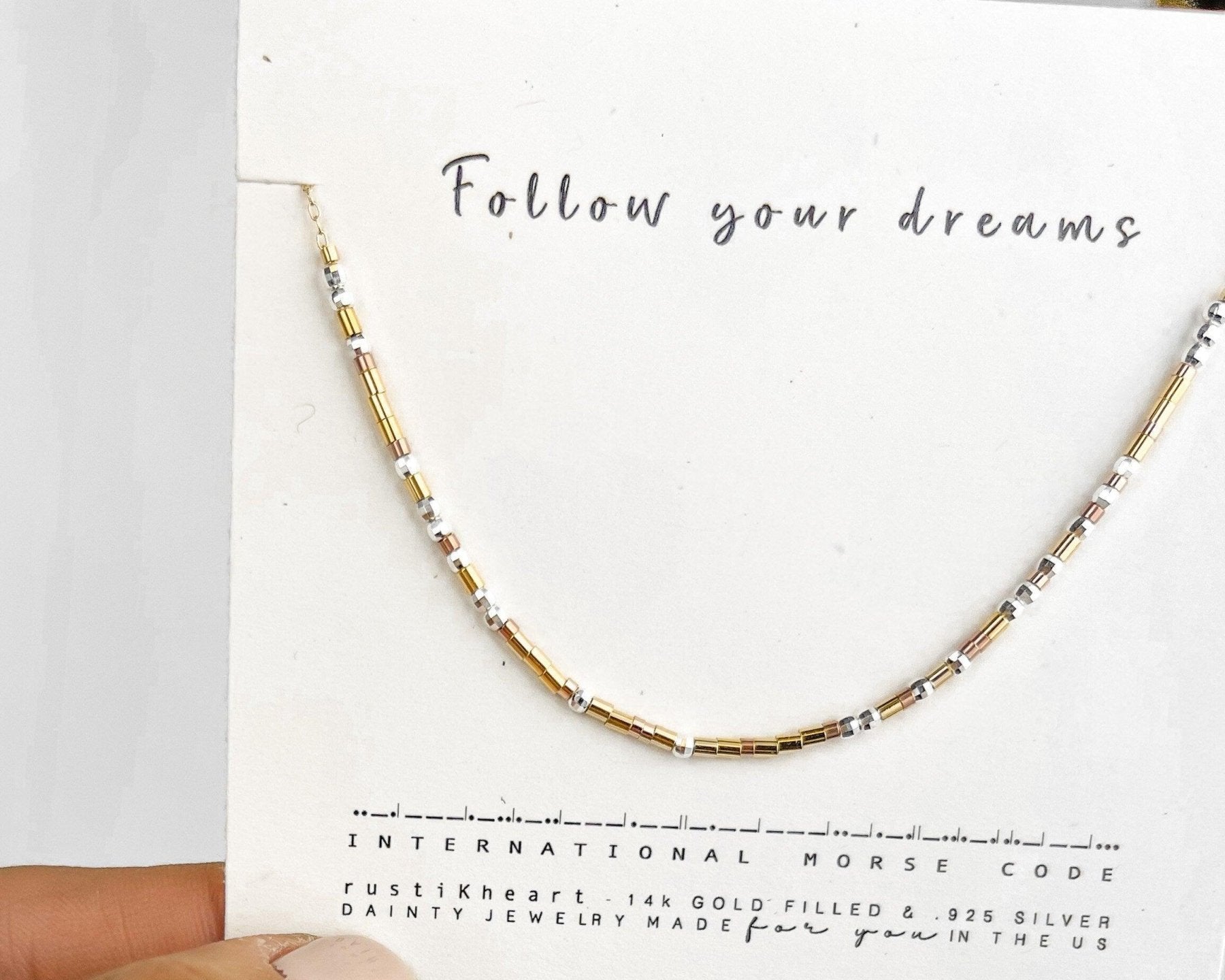 Follow Your Dreams Morse Code Necklace - Dainty 14K Gold & Silver Jewelry by Olivia Cactus