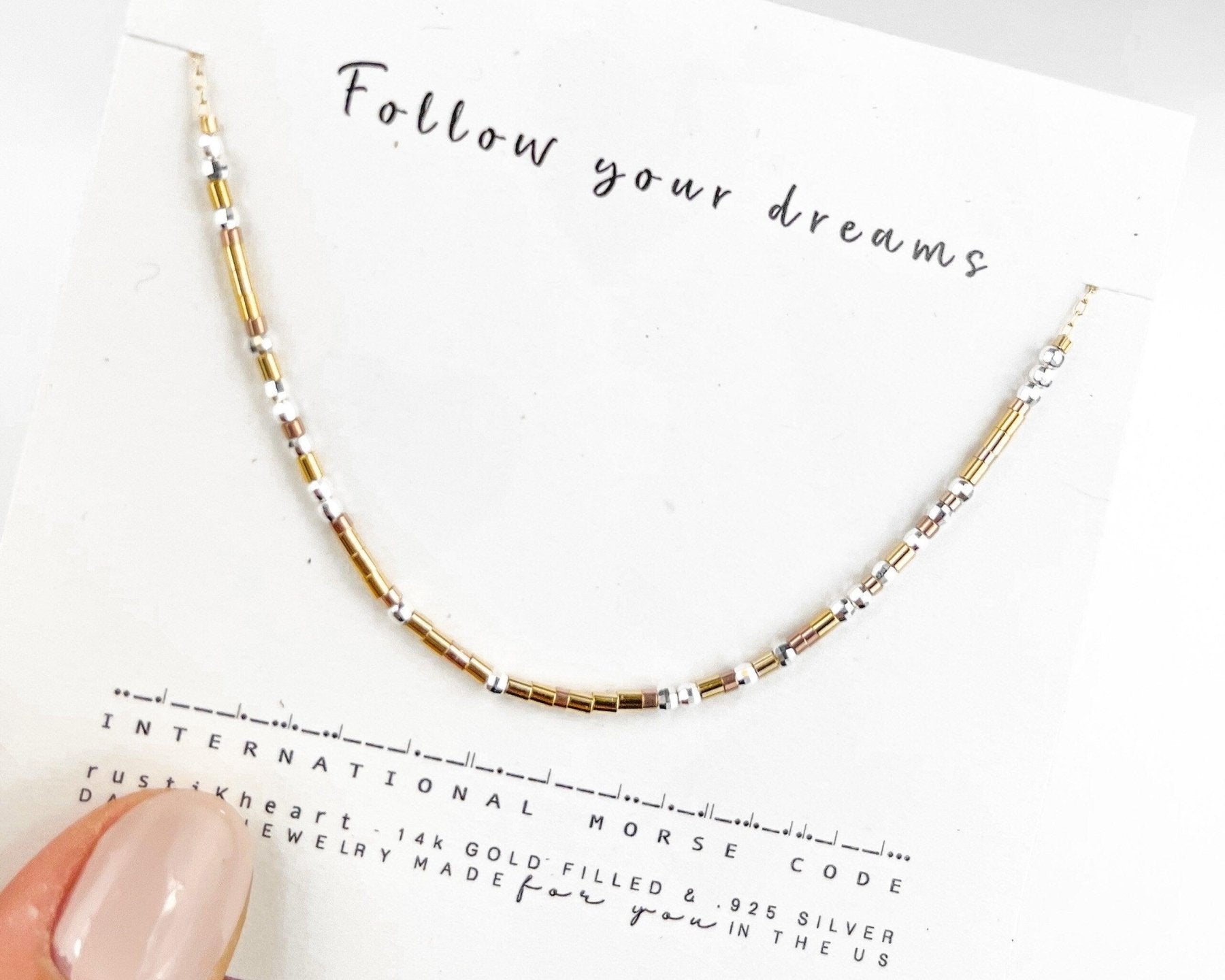 Follow Your Dreams Morse Code Necklace - Dainty 14K Gold & Silver Jewelry by Olivia Cactus