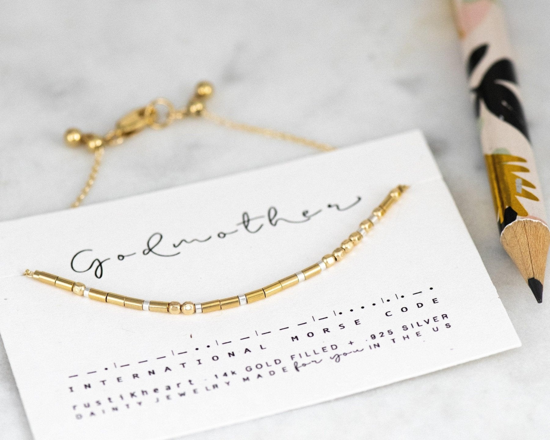 Godmother Morse Code Bracelet - Dainty 14K Gold & Silver Jewelry by Olivia Cactus