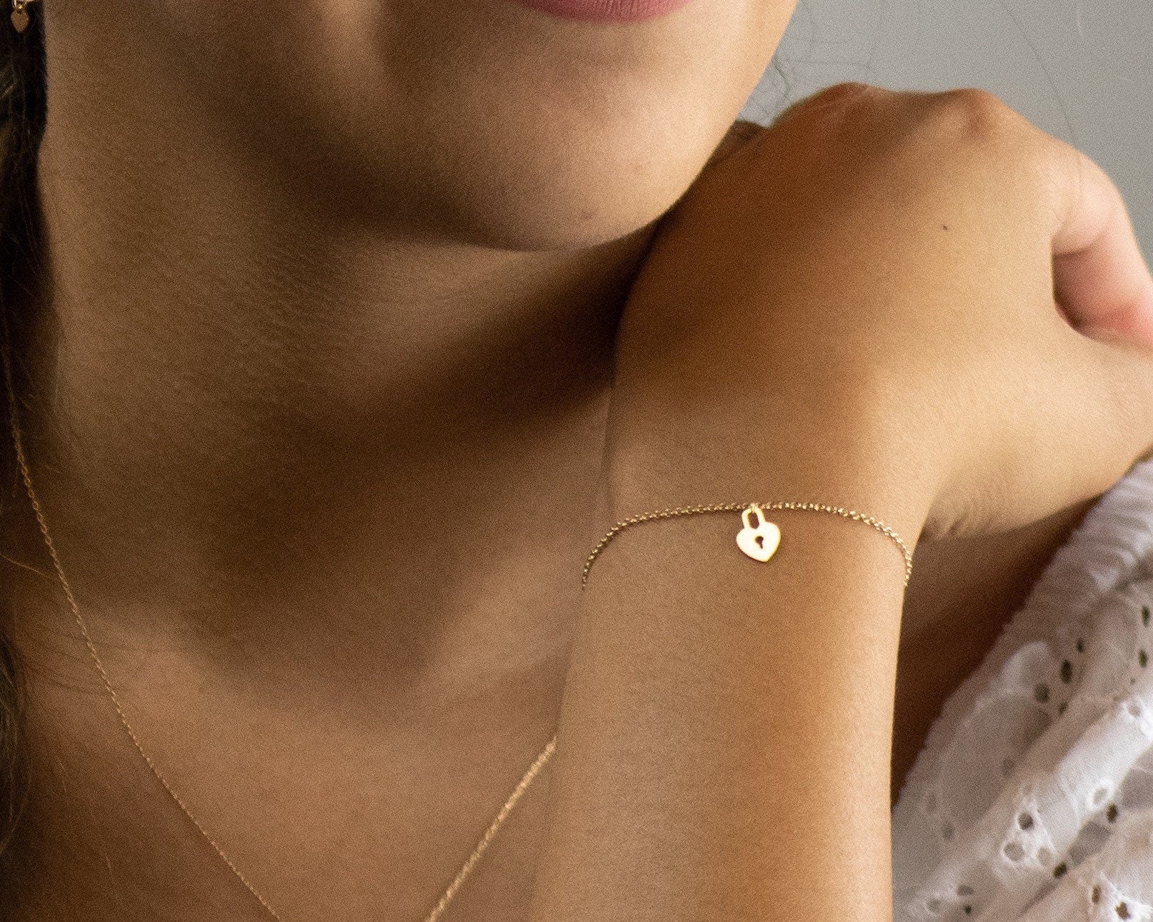 Heart Lock and Key Bracelet - Dainty 14K Gold & Silver Jewelry by Olivia Cactus