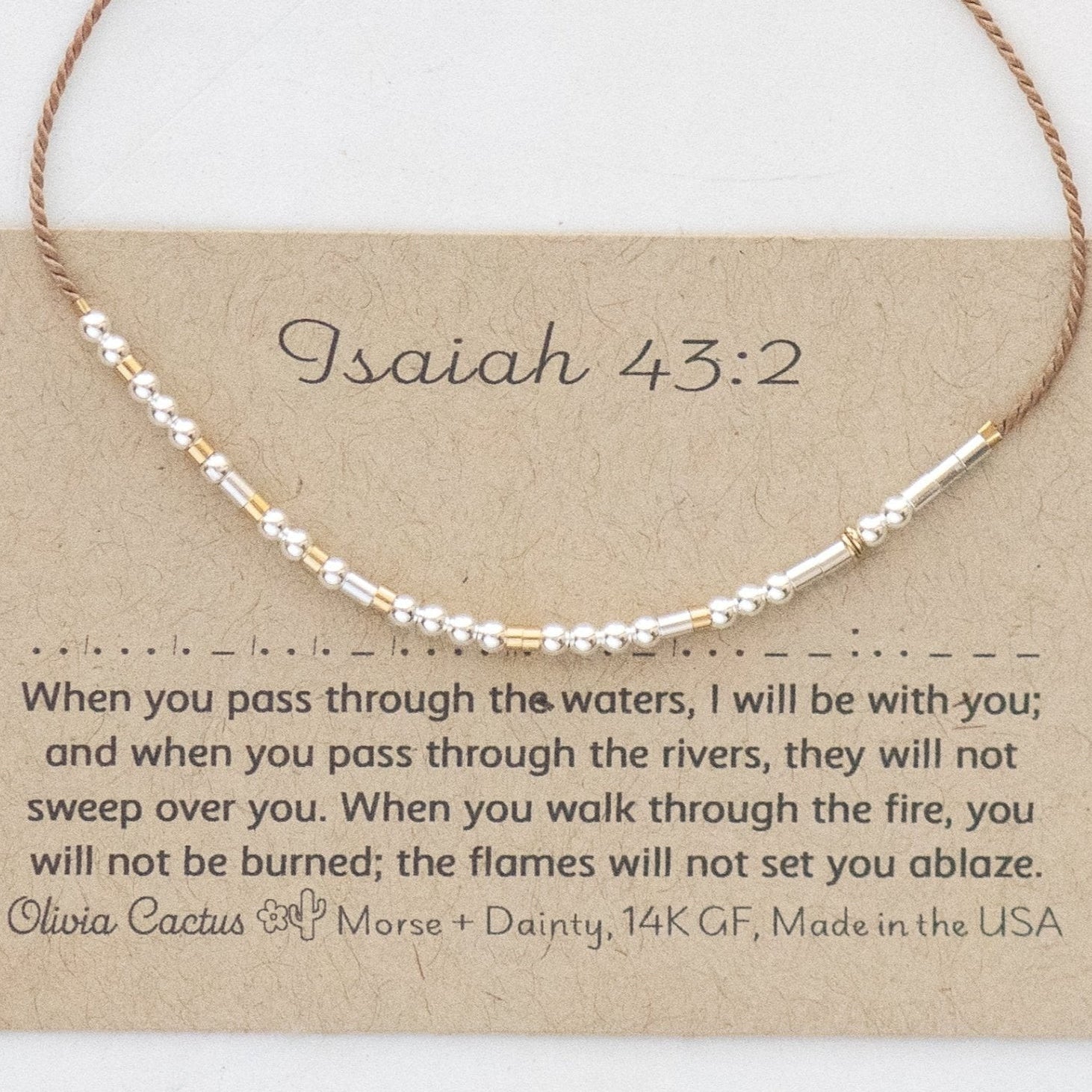 Isaiah 43:2 Bible Verse Morse Code Bracelet - Dainty 14K Gold & Silver Jewelry by Olivia Cactus