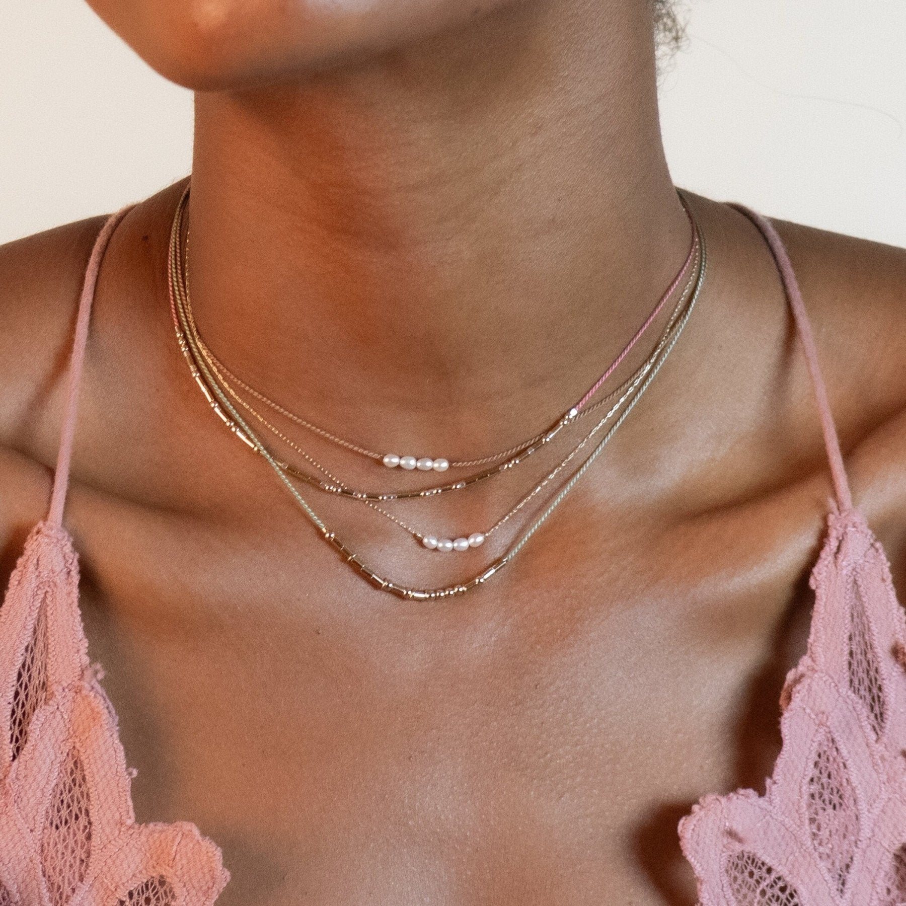 Little Pearls on Cord Necklace - Dainty 14K Gold & Silver Jewelry by Olivia Cactus