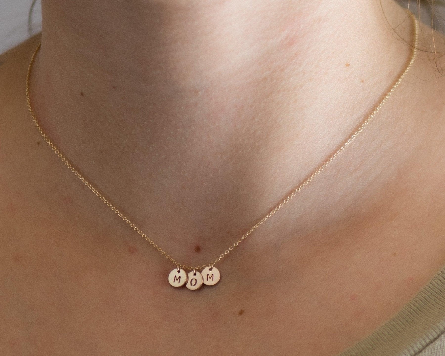 MOM Letter Discs Necklace - Dainty 14K Gold & Silver Jewelry by Olivia Cactus