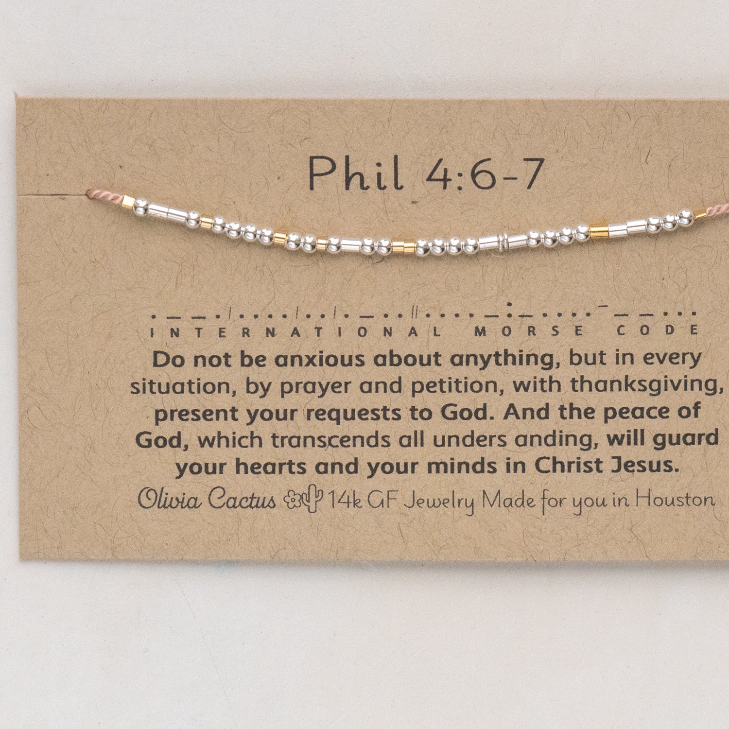 Philippians 4:6 - 7 Morse Code Bracelet - Dainty 14K Gold & Silver Jewelry by Olivia Cactus