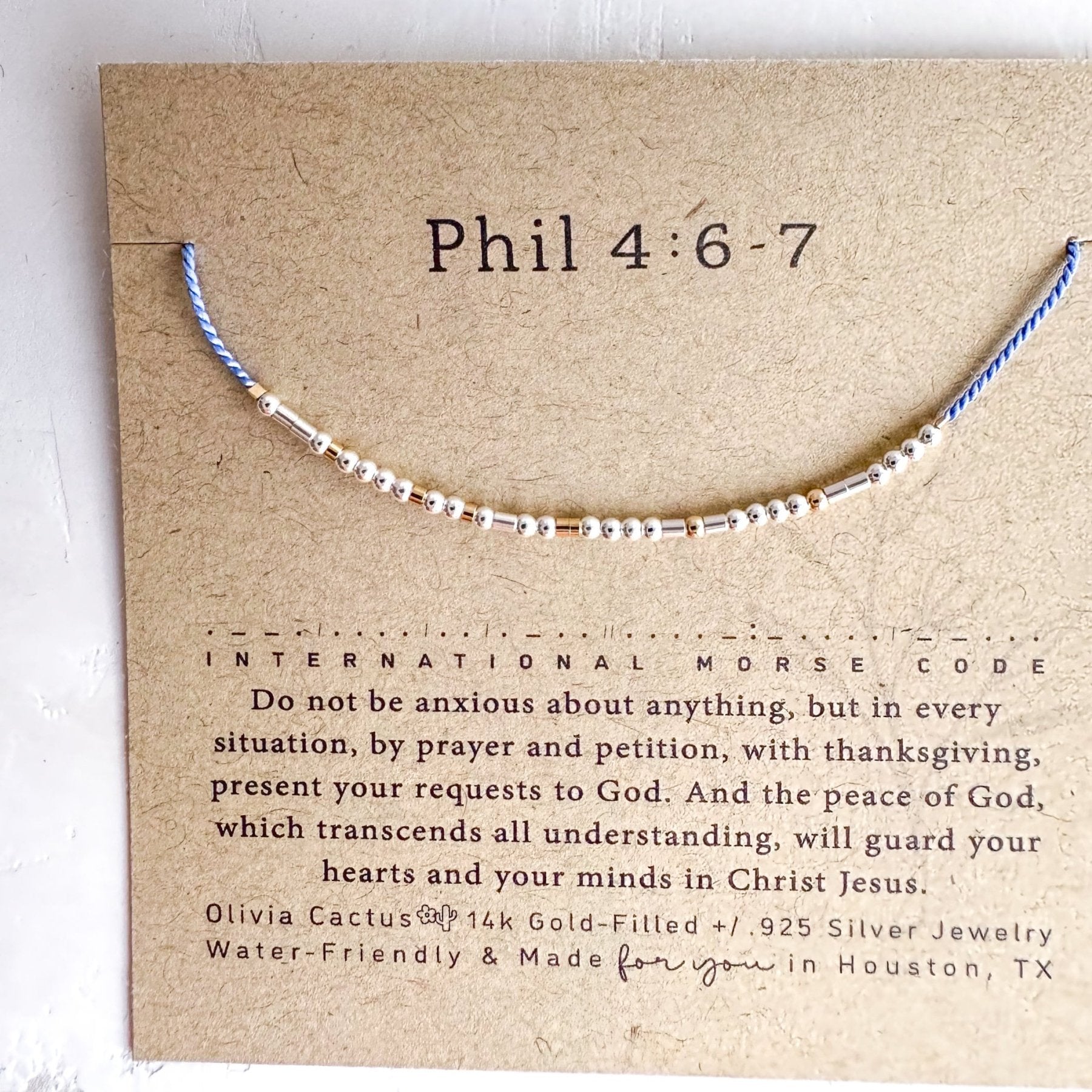 Philippians 4:6 - 7 Morse Code Bracelet - Dainty 14K Gold & Silver Jewelry by Olivia Cactus
