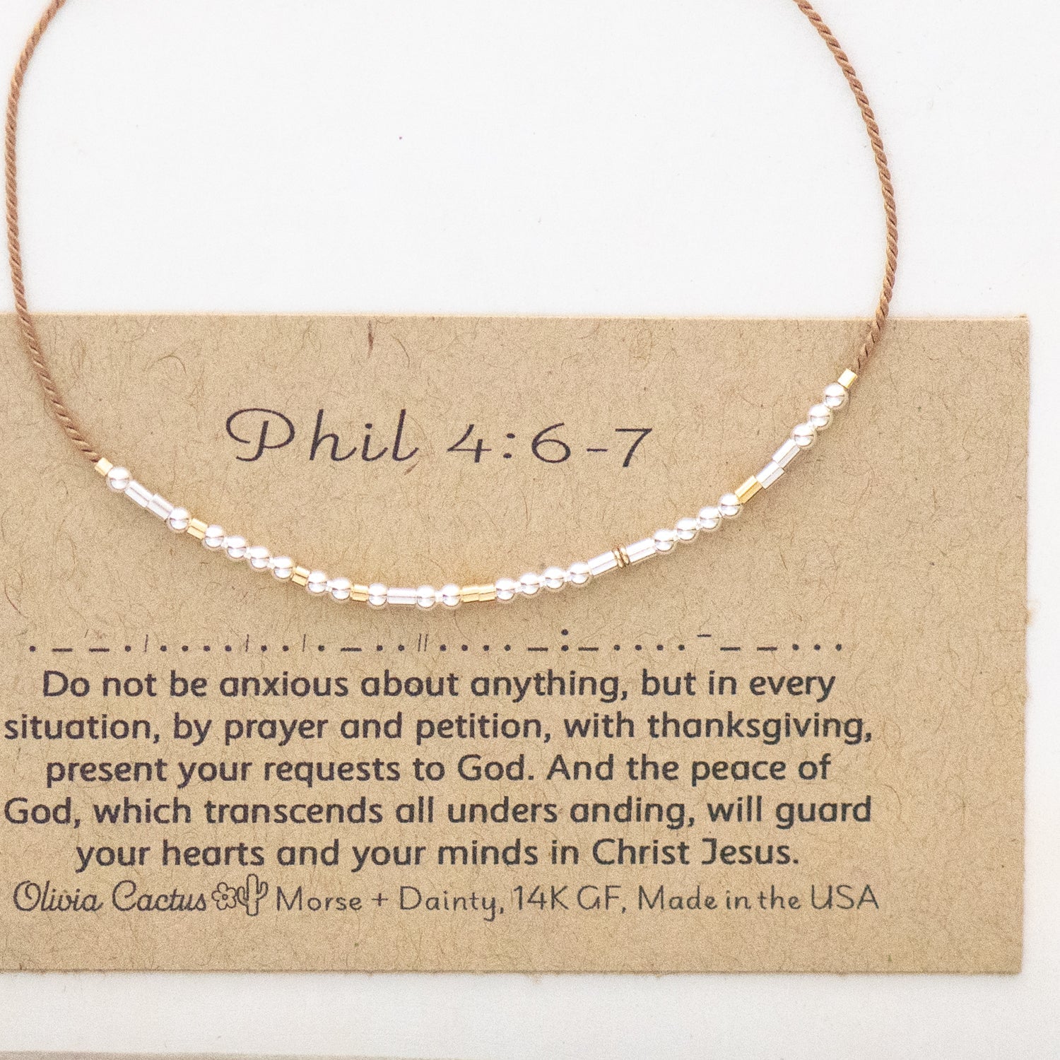 Philippians 4:6 - 7 Morse Code Bracelet - Dainty 14K Gold & Silver Jewelry by Olivia Cactus