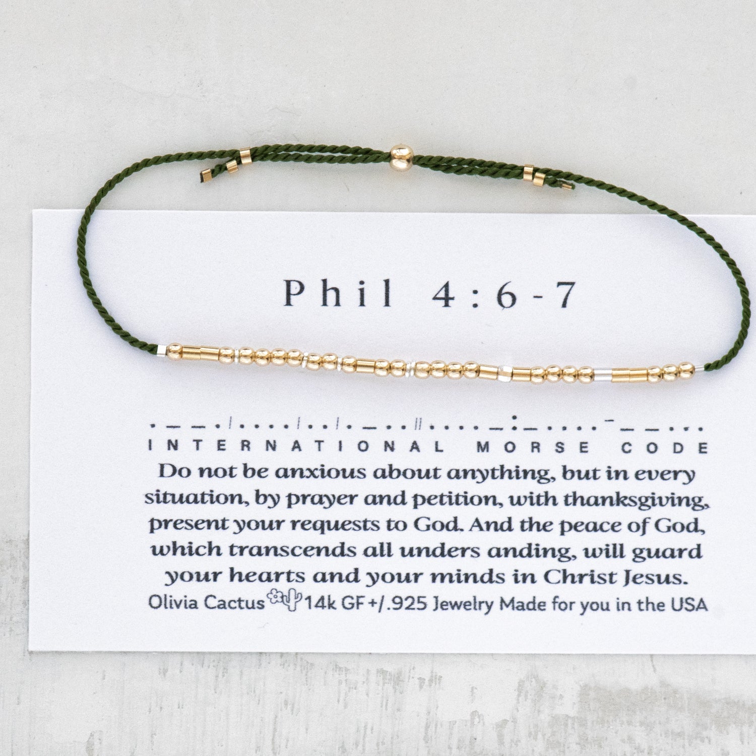 Philippians 4:6 Morse Code Bracelet - Dainty 14K Gold & Silver Jewelry by Olivia Cactus