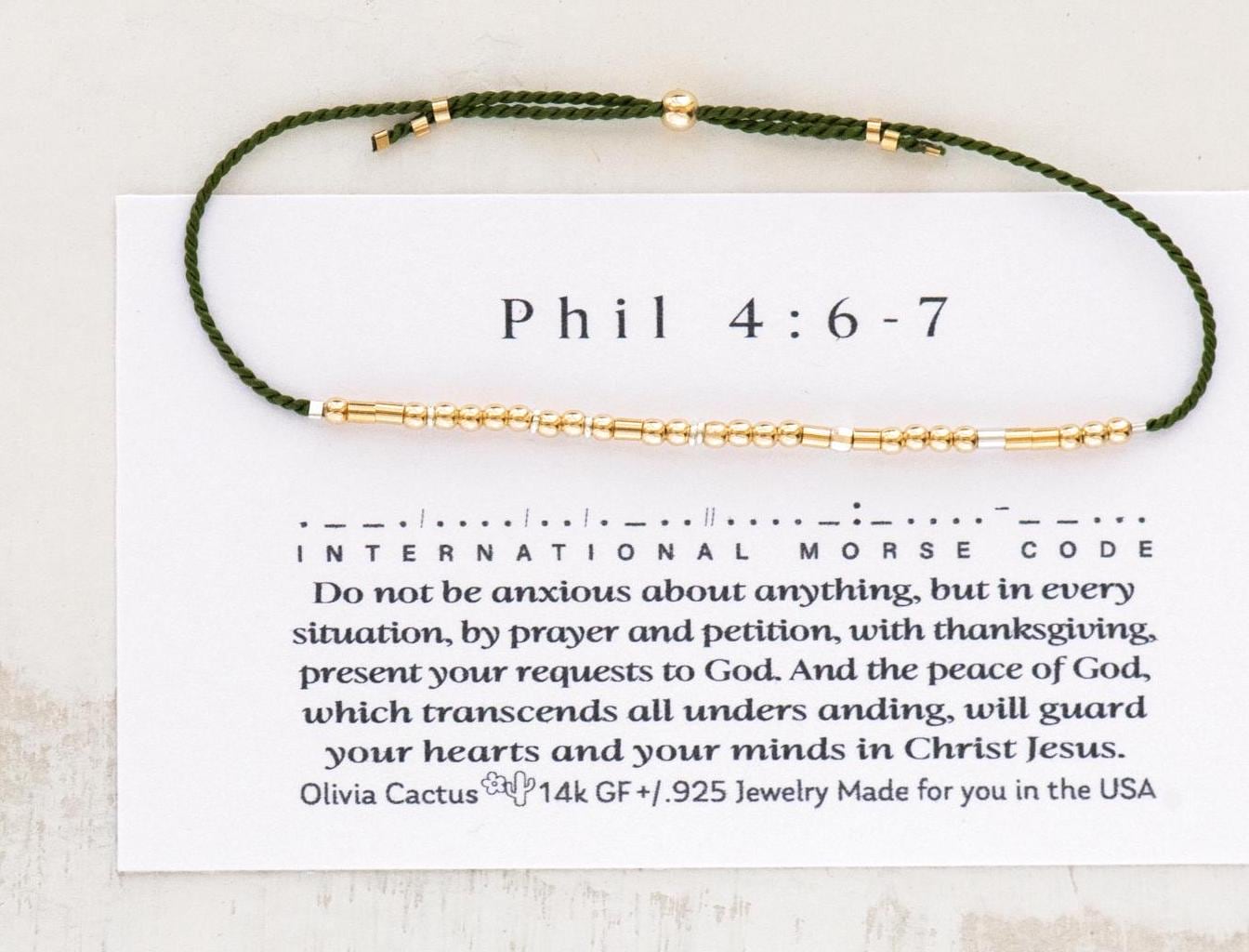 Philippians 4:6 Morse Code Bracelet - Dainty 14K Gold & Silver Jewelry by Olivia Cactus