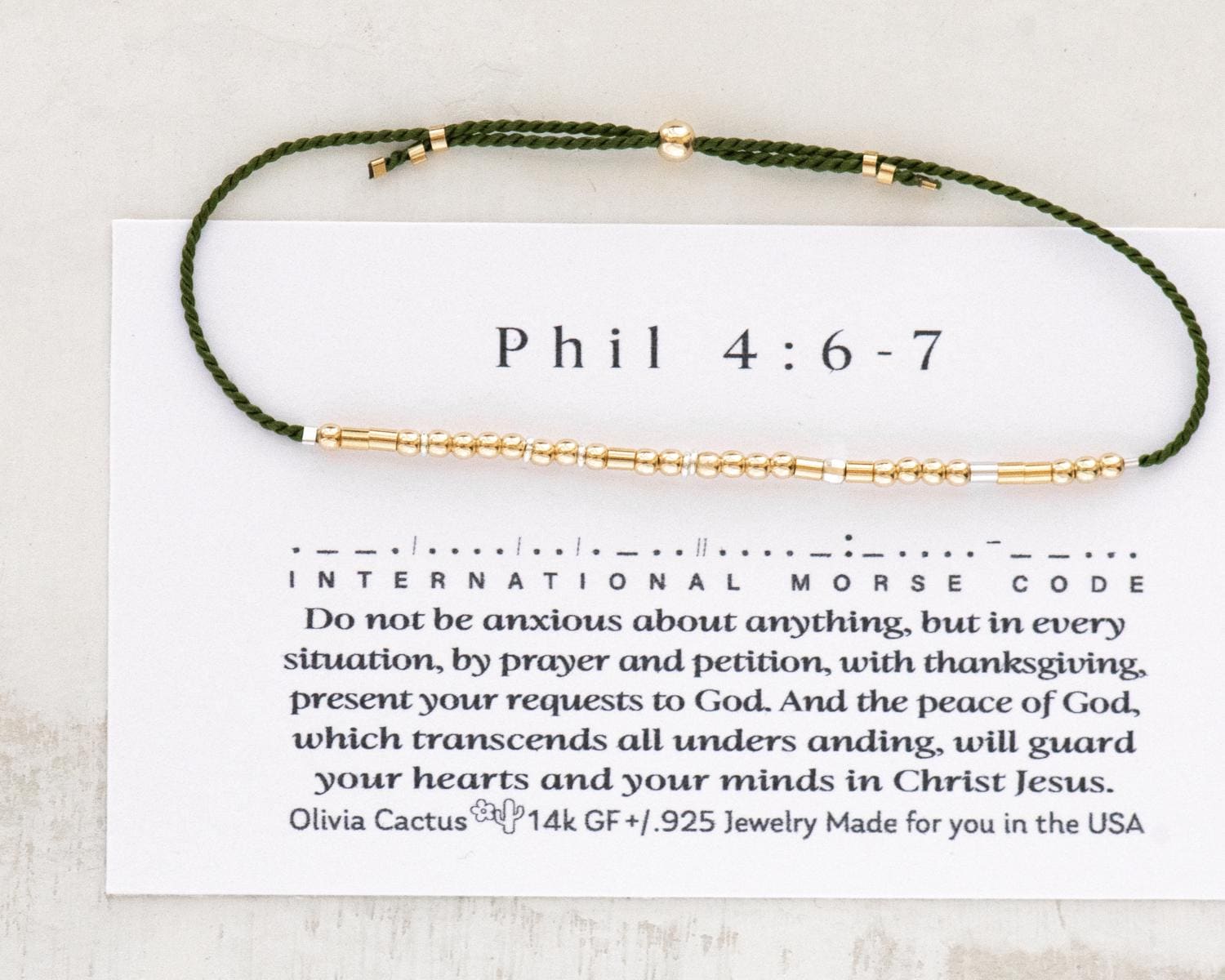 Philippians 4:6 Morse Code Bracelet - Dainty 14K Gold & Silver Jewelry by Olivia Cactus
