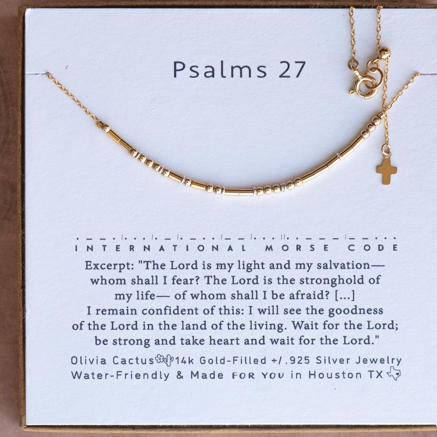 Psalms 27 Morse Code Necklace - Dainty 14K Gold & Silver Jewelry by Olivia Cactus