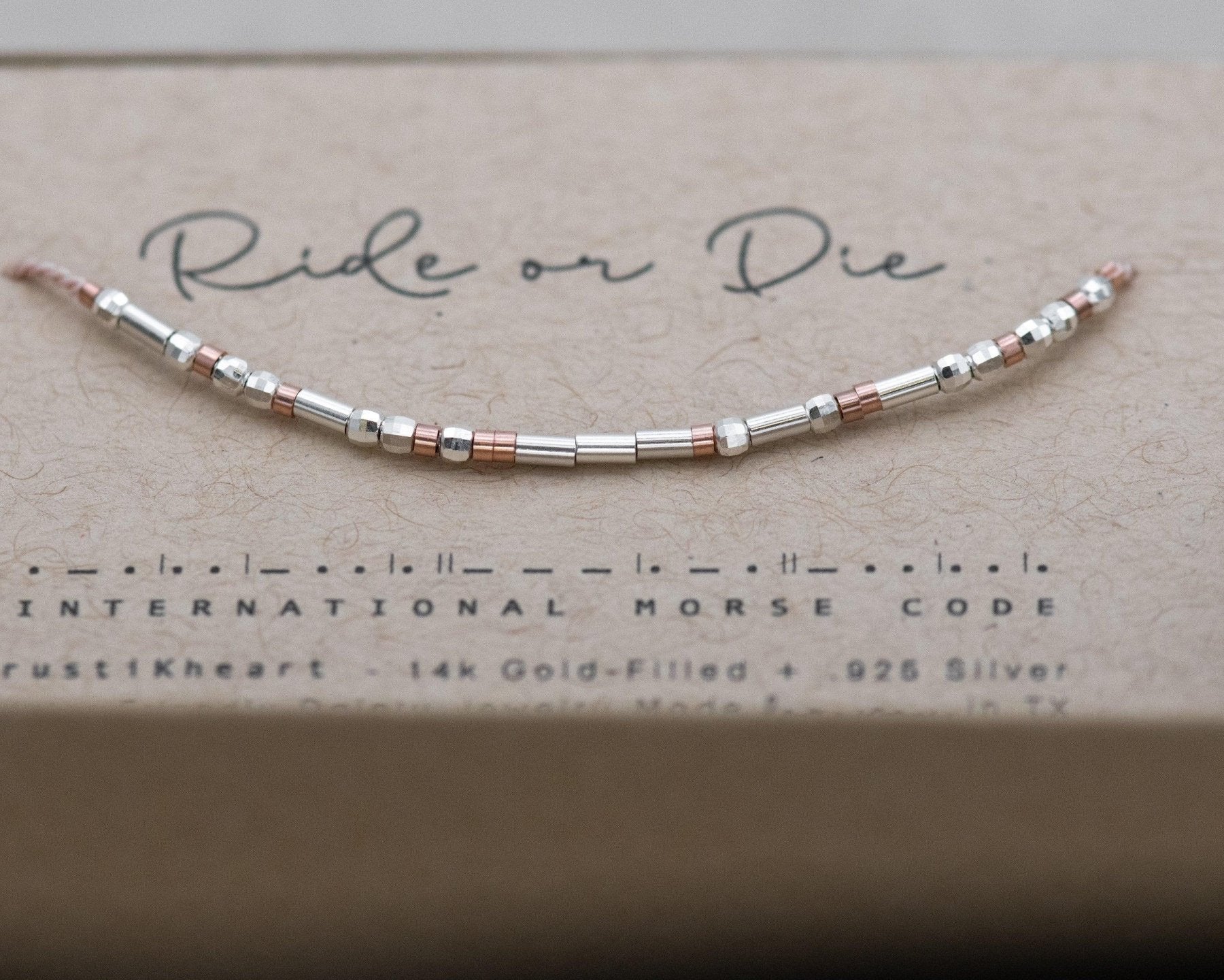 Ride Or Die Morse Code Bracelet - Dainty 14K Gold & Silver Jewelry by Olivia Cactus