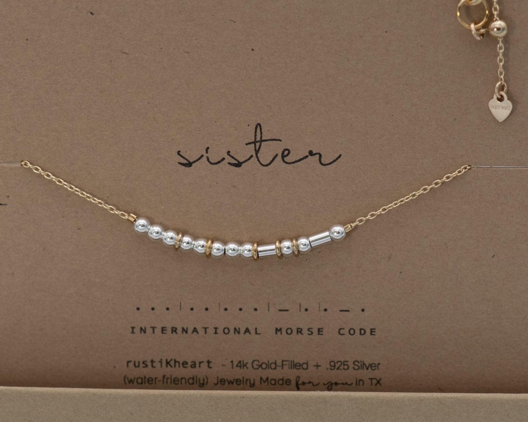 Sister Morse Code Necklace - Dainty 14K Gold & Silver Jewelry by Olivia Cactus