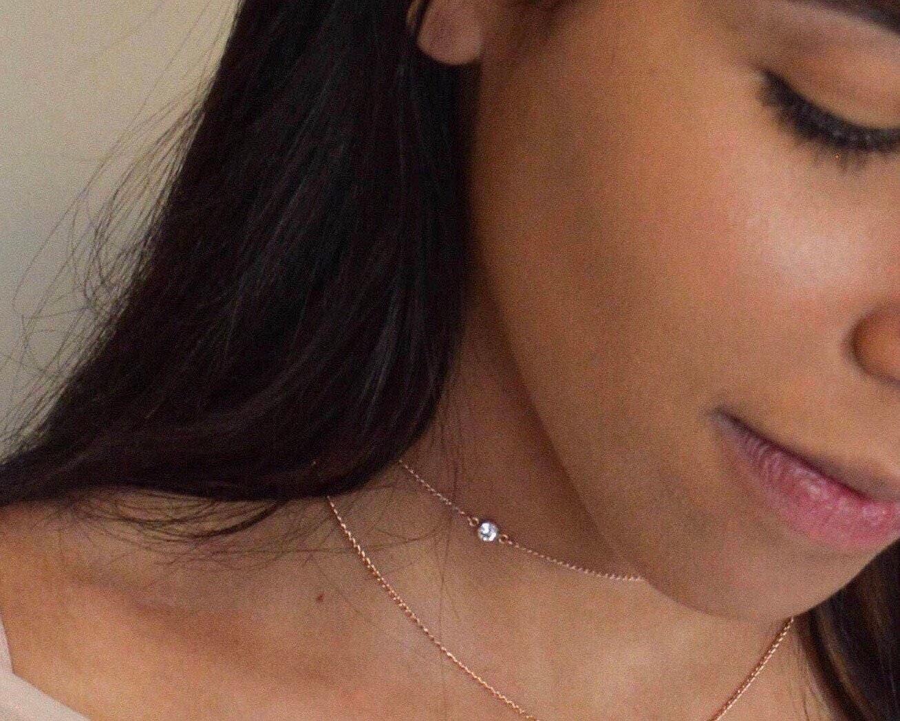 Solitaire Diamond Cut CZ Charm Dainty Layering Choker to Stack and Layer 14k Gold Filled rk81 - Dainty 14K Gold & Silver Jewelry by Olivia Cactus
