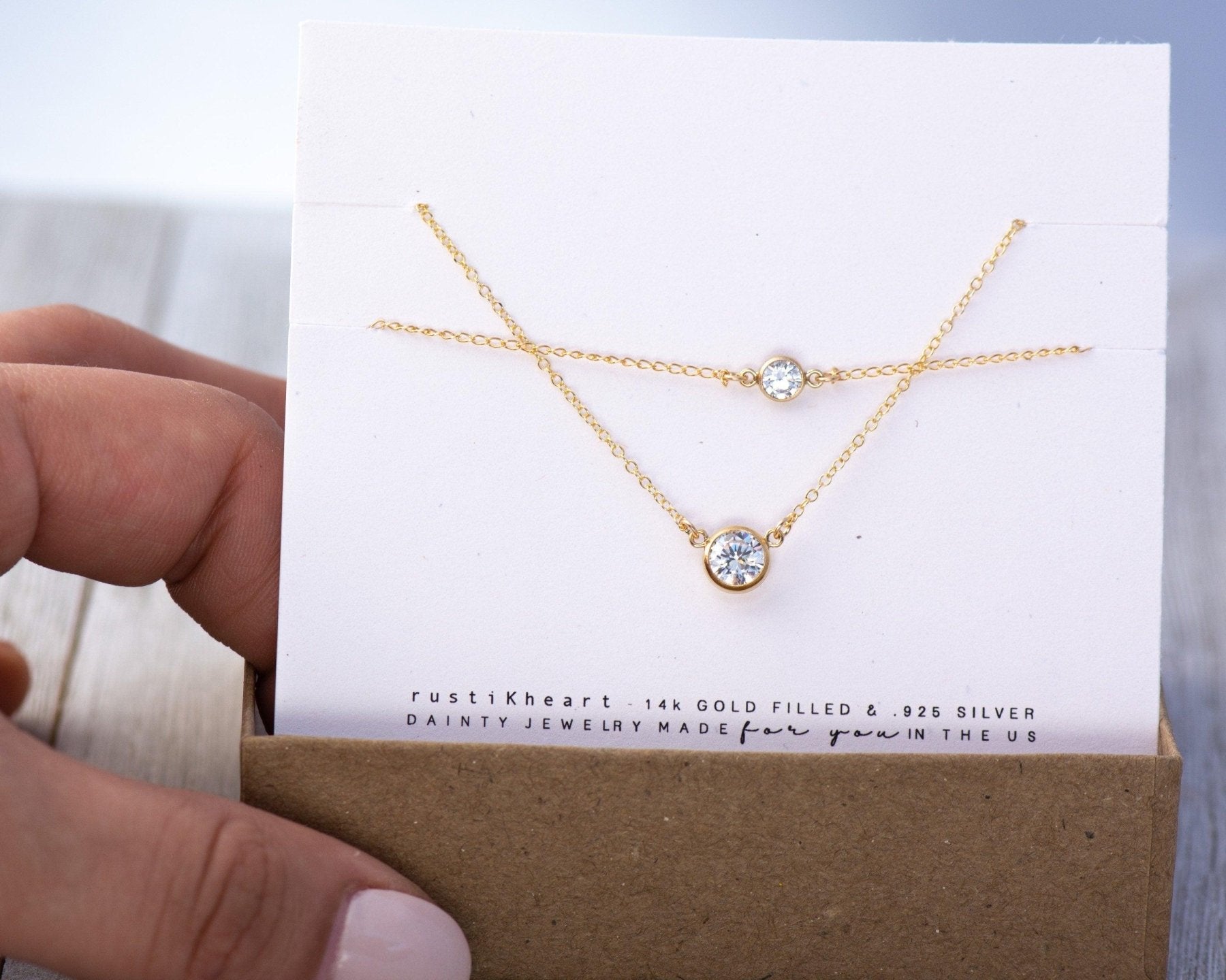 Solitaire Diamond Cut CZ Charm Dainty Layering Choker to Stack and Layer 14k Gold Filled rk81 - Dainty 14K Gold & Silver Jewelry by Olivia Cactus