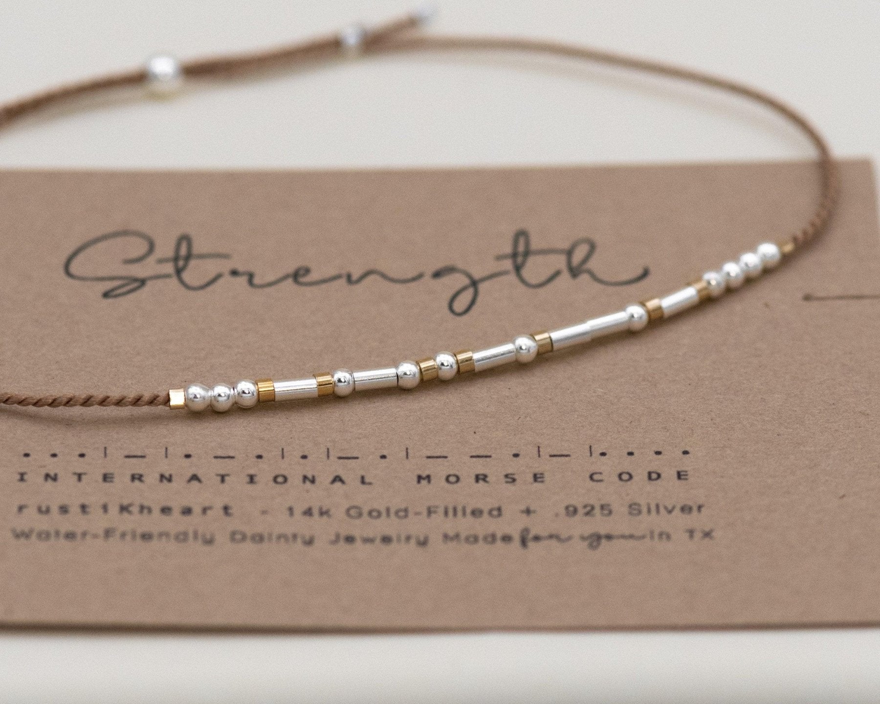 Strength Morse Code Bracelet - Dainty 14K Gold & Silver Jewelry by Olivia Cactus