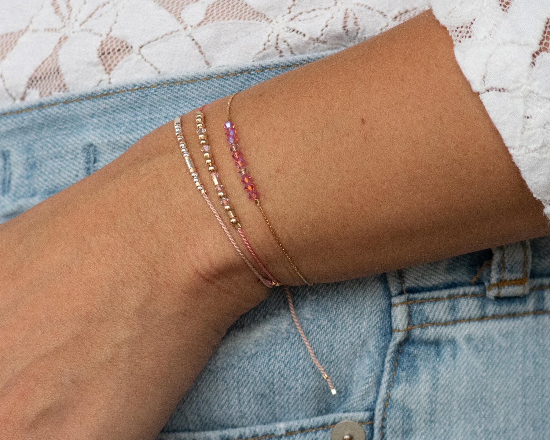 Strength Morse Code Bracelet w/ Swarovski Spacers - Dainty 14K Gold & Silver Jewelry by Olivia Cactus