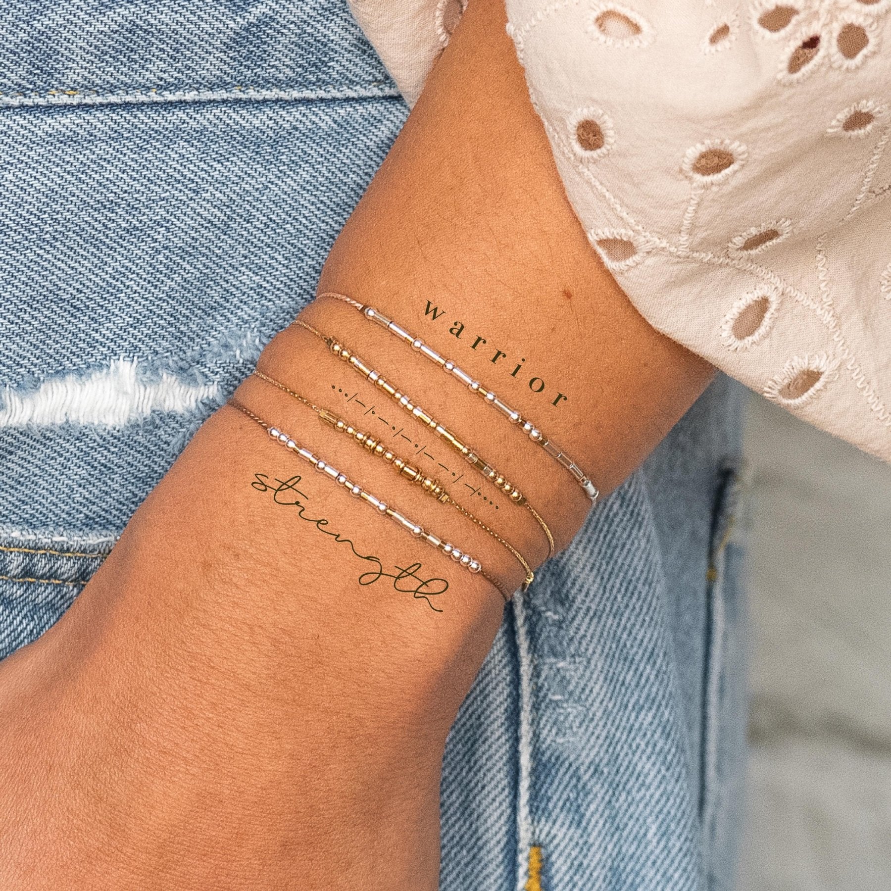 Strength Morse Code Bracelet - Dainty 14K Gold & Silver Jewelry by Olivia Cactus