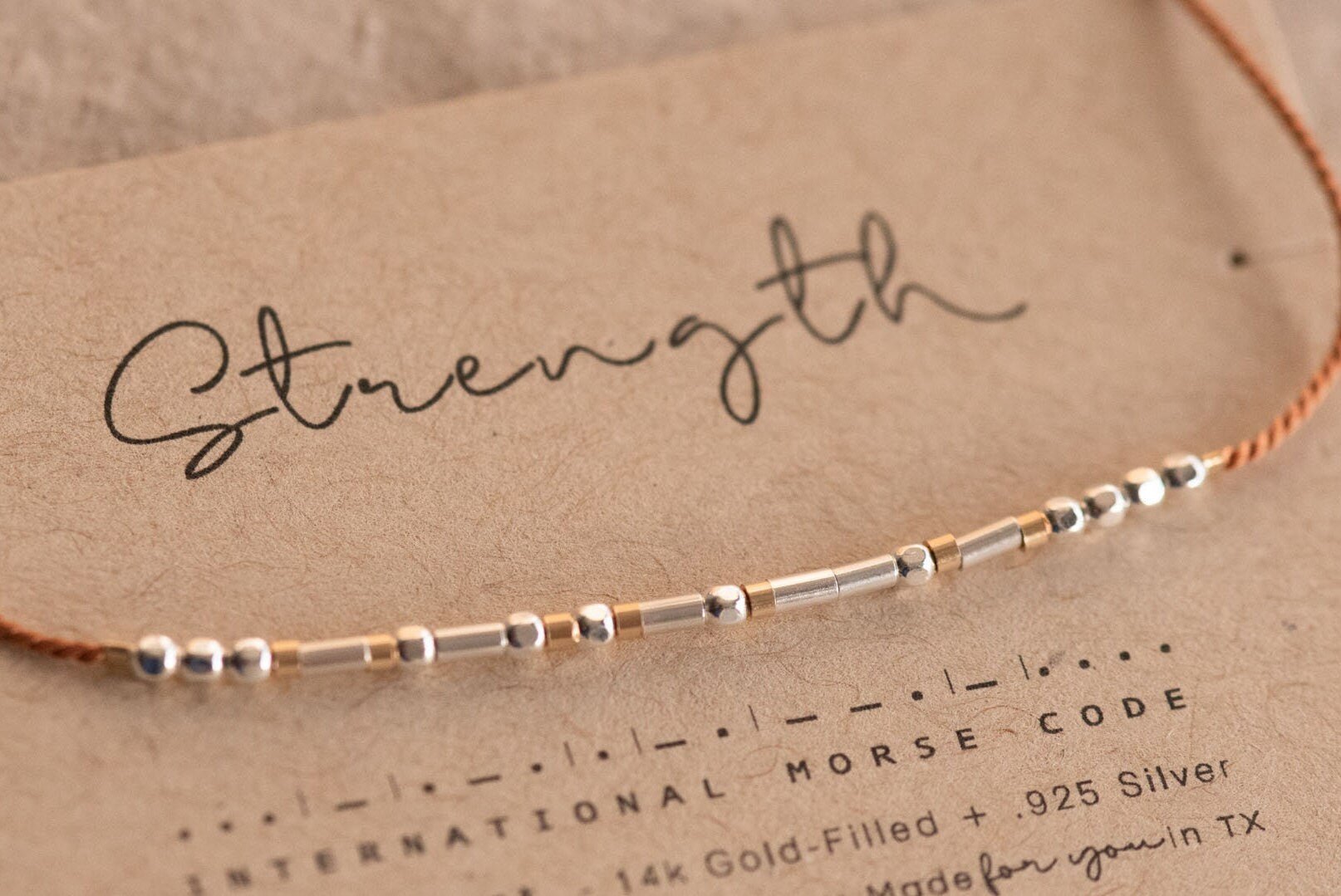 Strength Morse Code Bracelet - Dainty 14K Gold & Silver Jewelry by Olivia Cactus