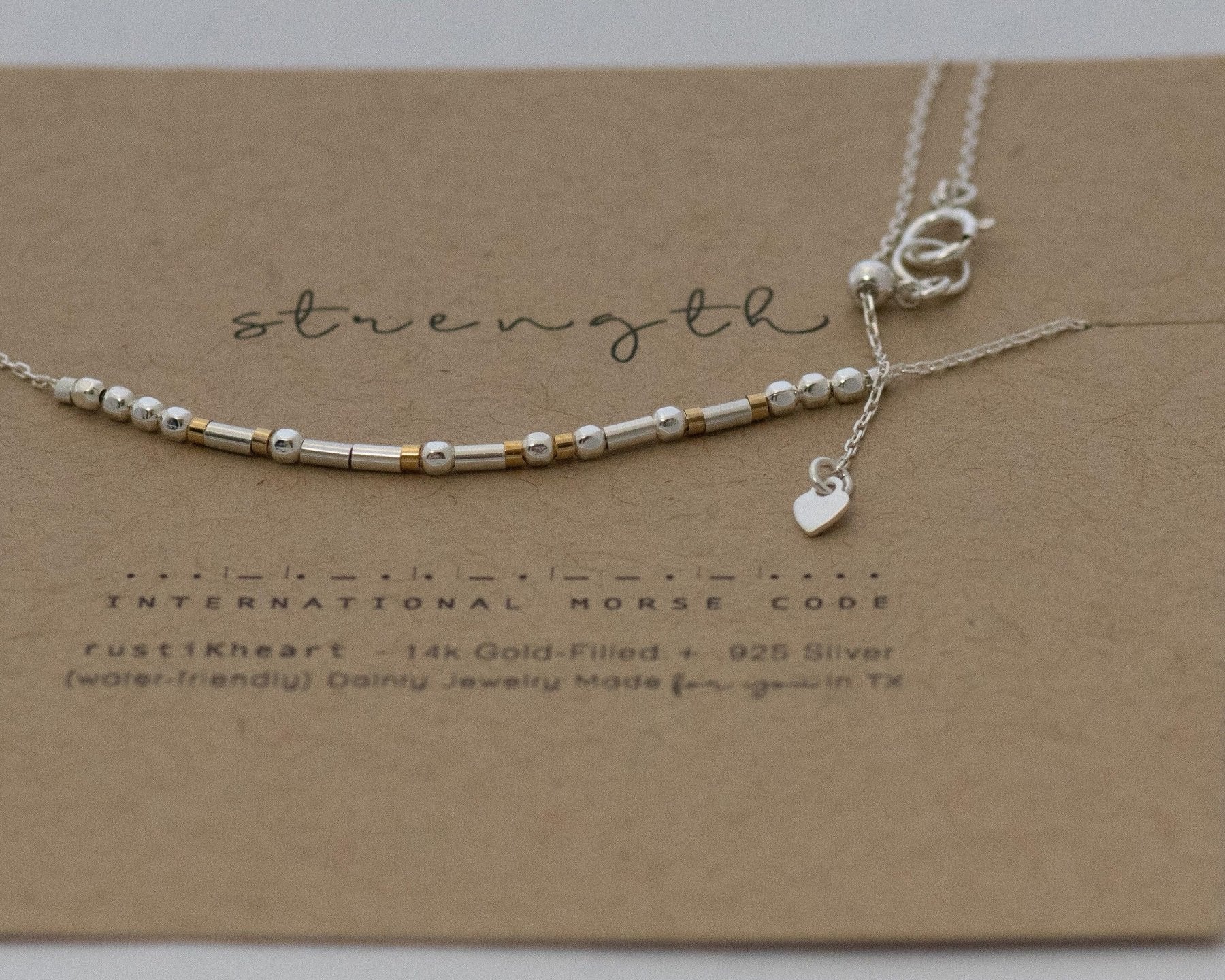 Strength Morse Code Necklace - Dainty 14K Gold & Silver Jewelry by Olivia Cactus