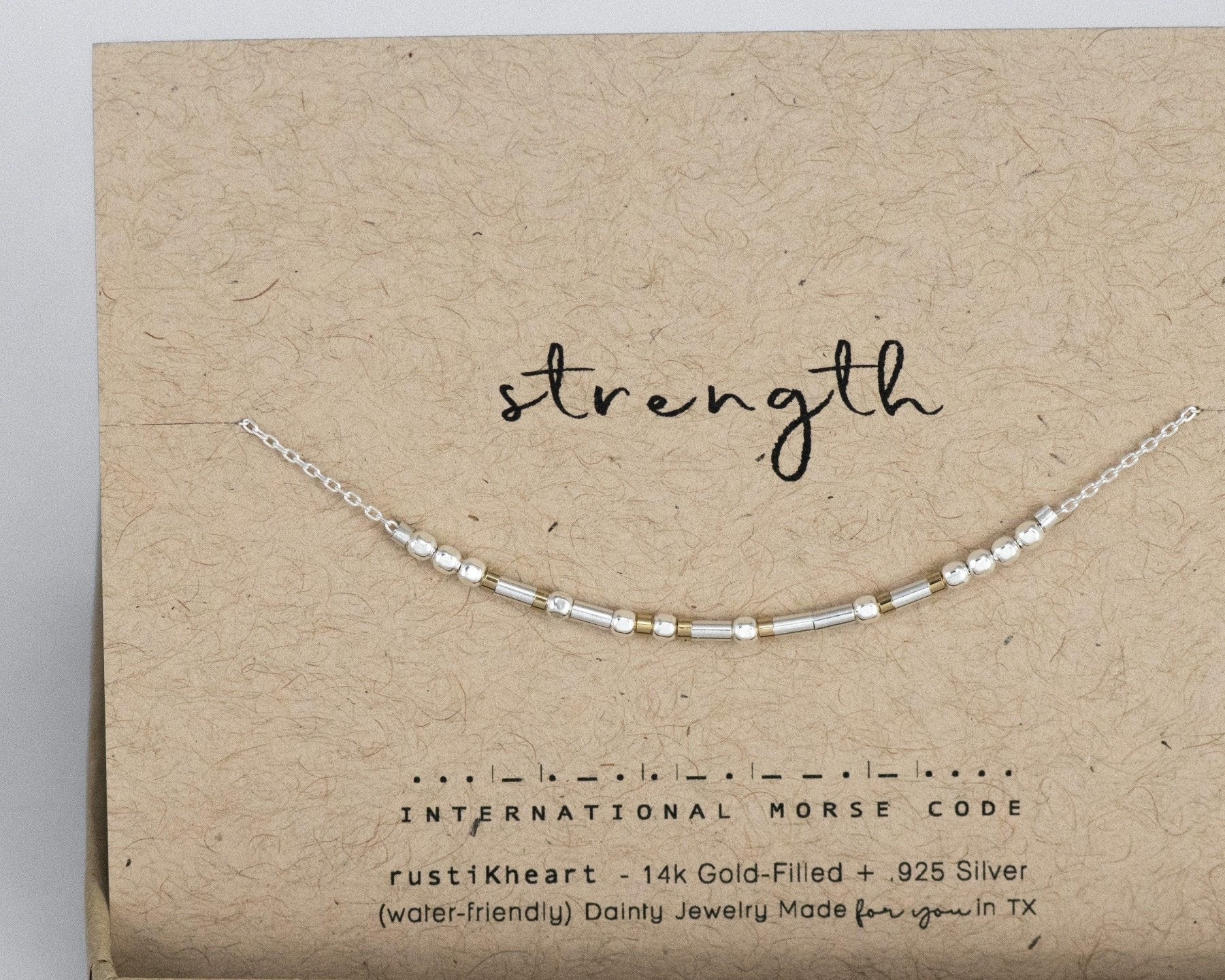 Strength Morse Code Necklace - Dainty 14K Gold & Silver Jewelry by Olivia Cactus