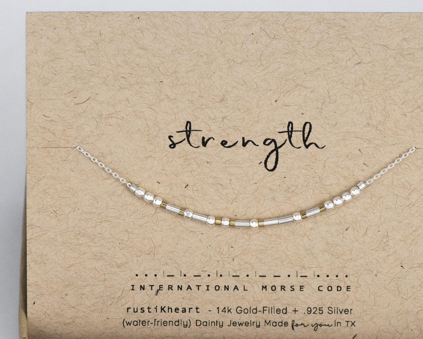 Strength Morse Code Necklace - Dainty 14K Gold & Silver Jewelry by Olivia Cactus