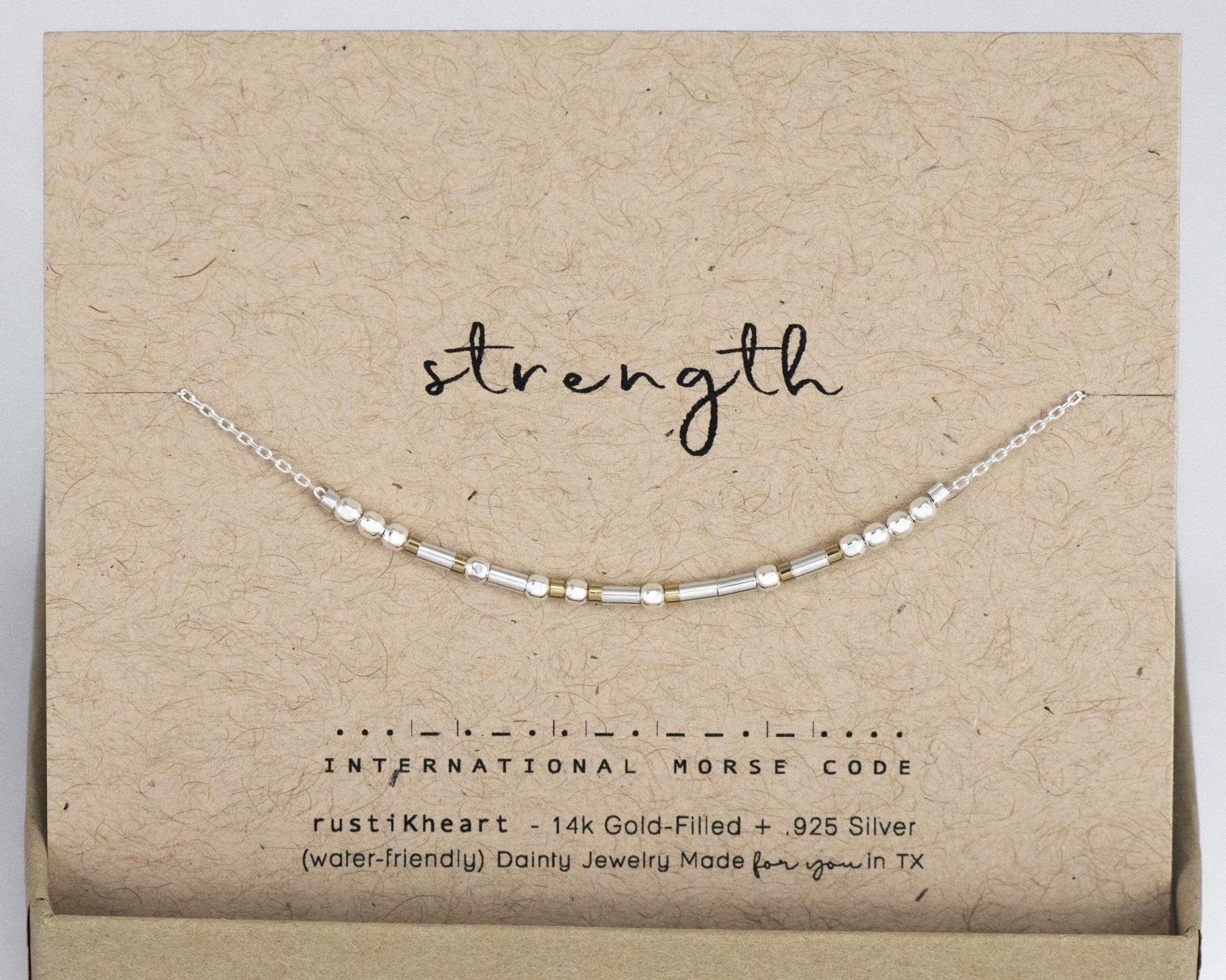 Strength Morse Code Necklace - Dainty 14K Gold & Silver Jewelry by Olivia Cactus