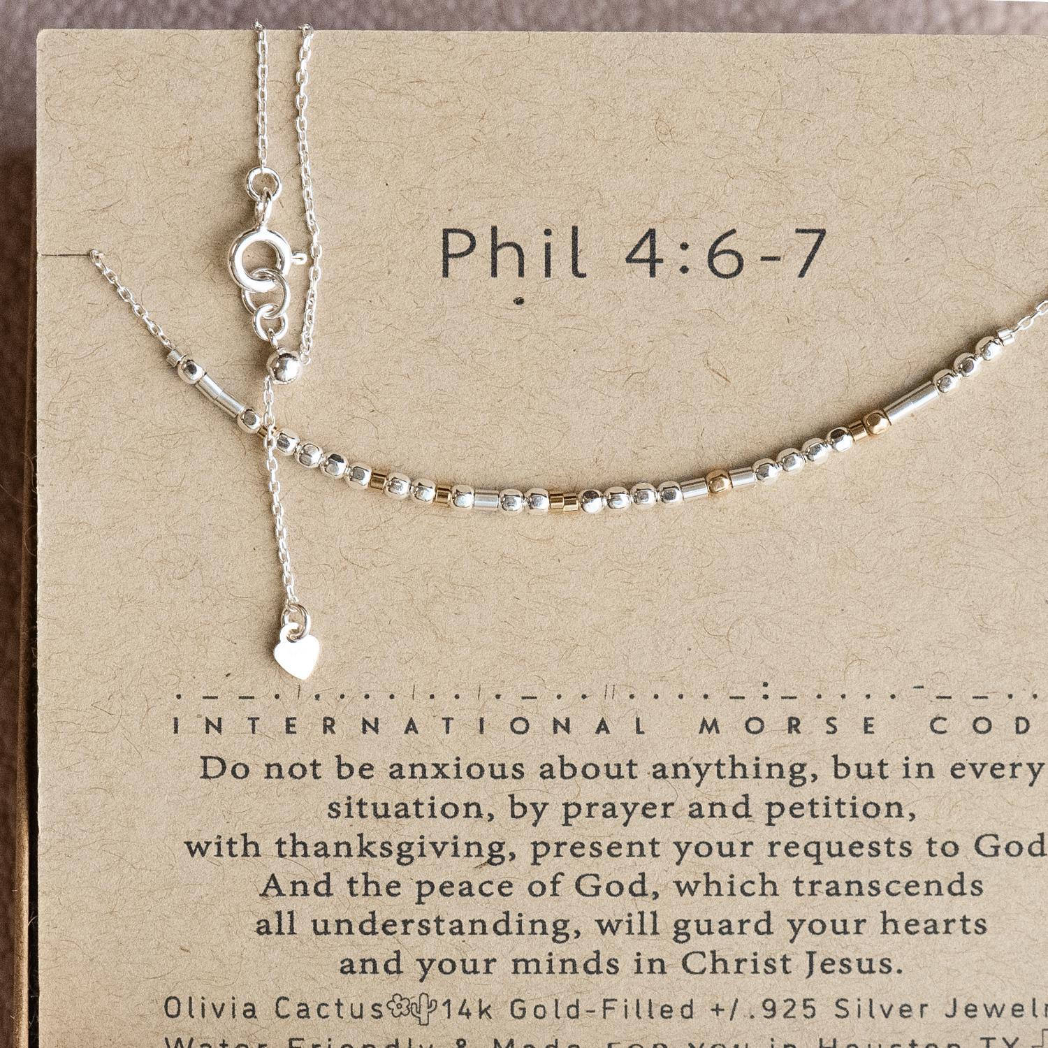 Philippians 4:6 - 7 Morse Code Necklace - Dainty 14K Gold & Silver Jewelry by Olivia Cactus