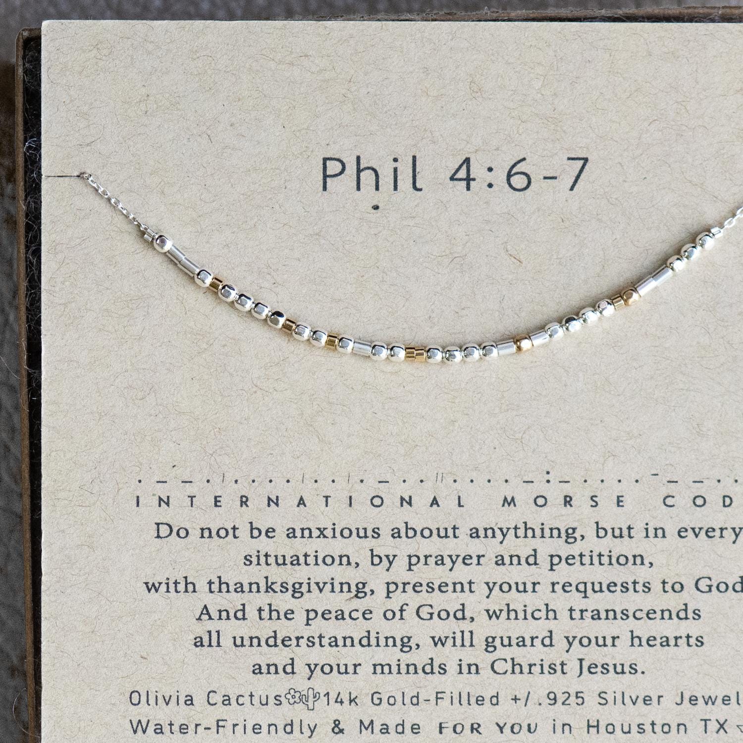 Philippians 4:6 - 7 Morse Code Necklace - Dainty 14K Gold & Silver Jewelry by Olivia Cactus