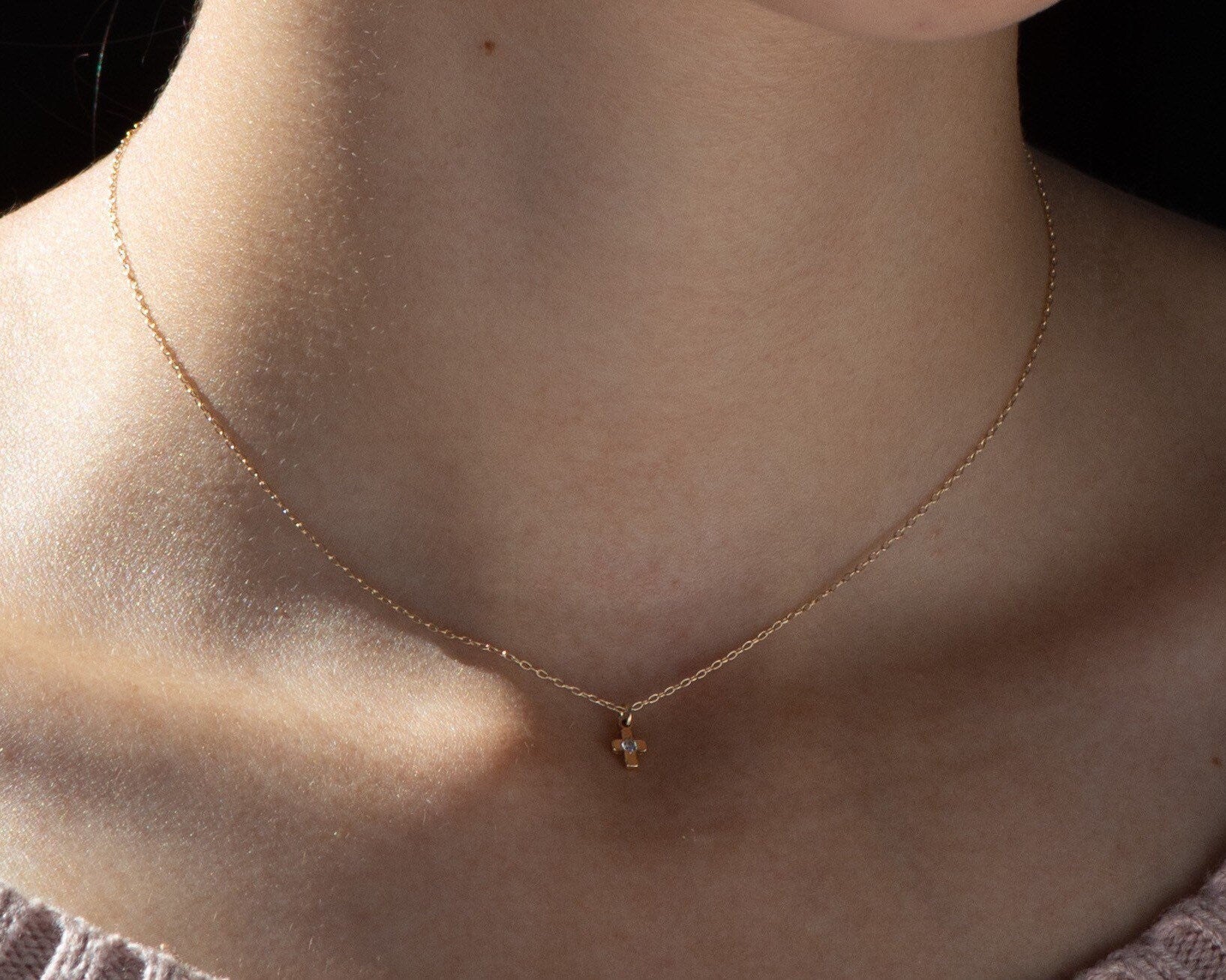 Tiny Cross Spark Necklace - Dainty 14K Gold & Silver Jewelry by Olivia Cactus