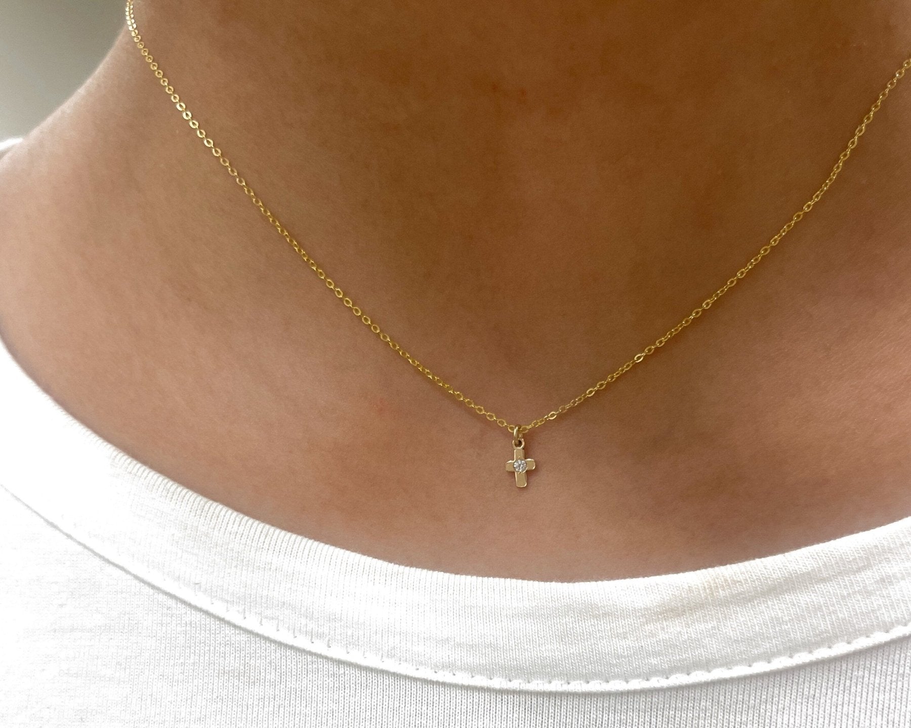 Tiny Cross Spark Necklace - Dainty 14K Gold & Silver Jewelry by Olivia Cactus