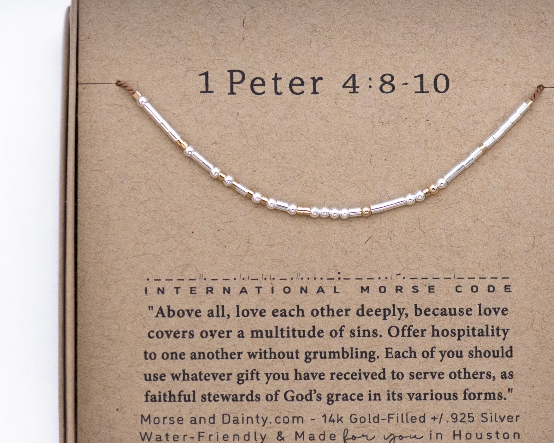 1 Peter 4:8 - 10 Bible Morse Code Bracelet - Dainty 14K Gold & Silver Jewelry by Olivia Cactus