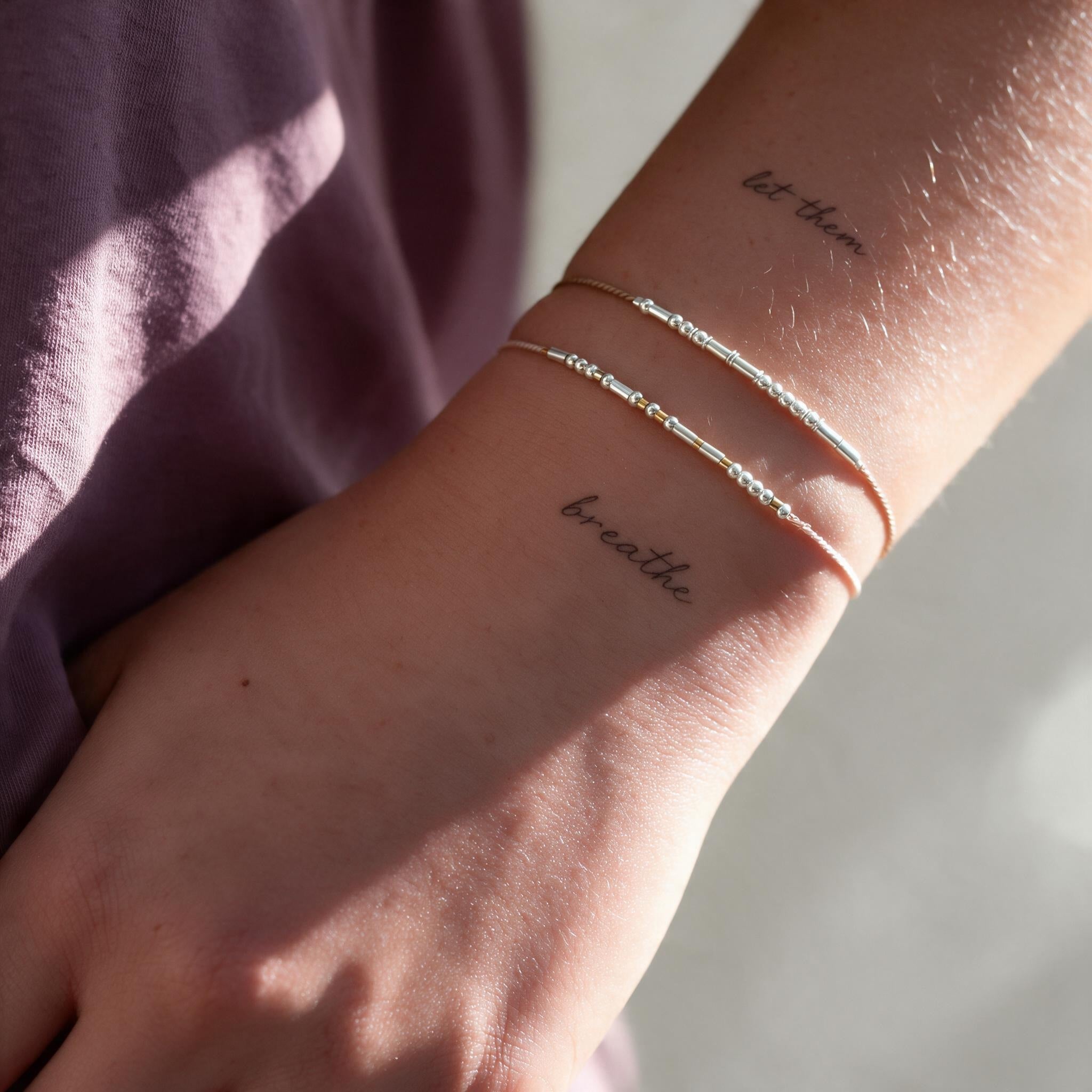 Custom Silver Morse Code Bracelet on Silk Cord