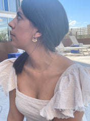 Tiny Heart Hoop Earrings, 14k gold filled, worn