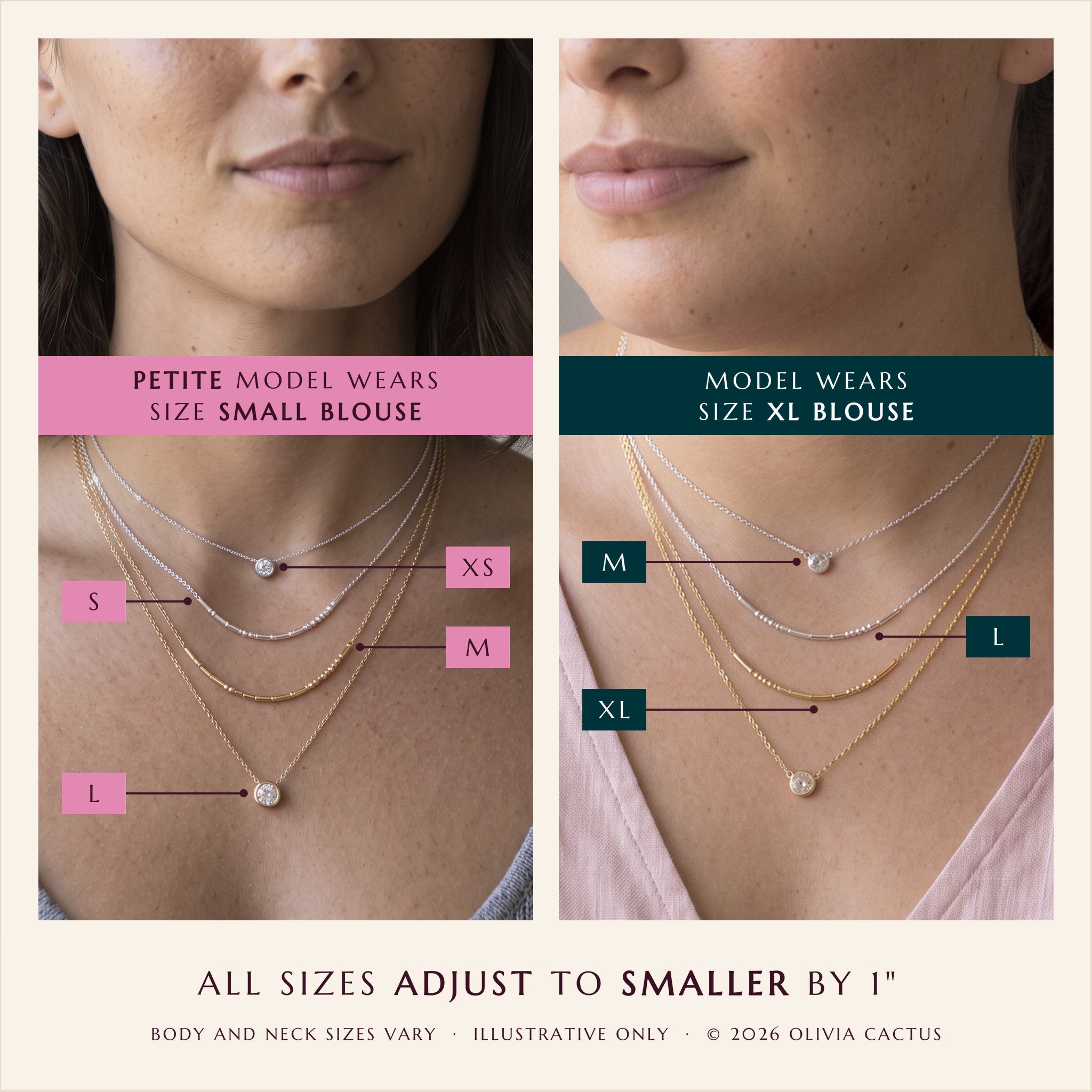 Necklace size guide: petite and XL models wearing sizes XS to XL, all sizes adjust smaller by 1 inch