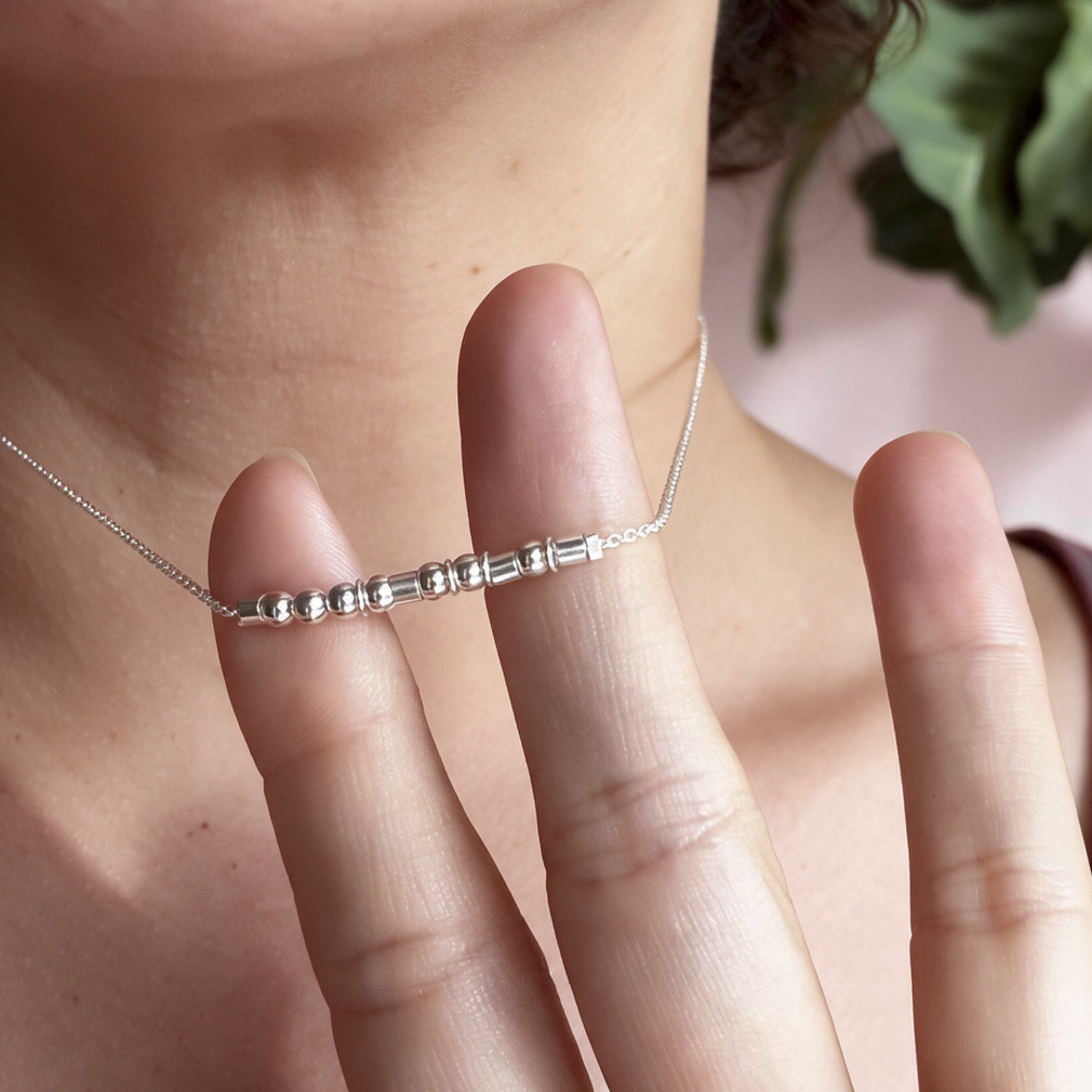 Sterling silver Morse code necklace with our largest beads, second view
