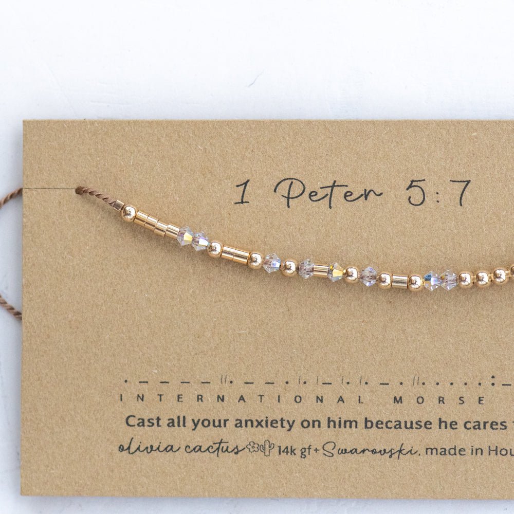 Anxiety Reminder Swarovski Morse Bracelet - Dainty 14K Gold &amp; Silver Jewelry by Olivia Cactus