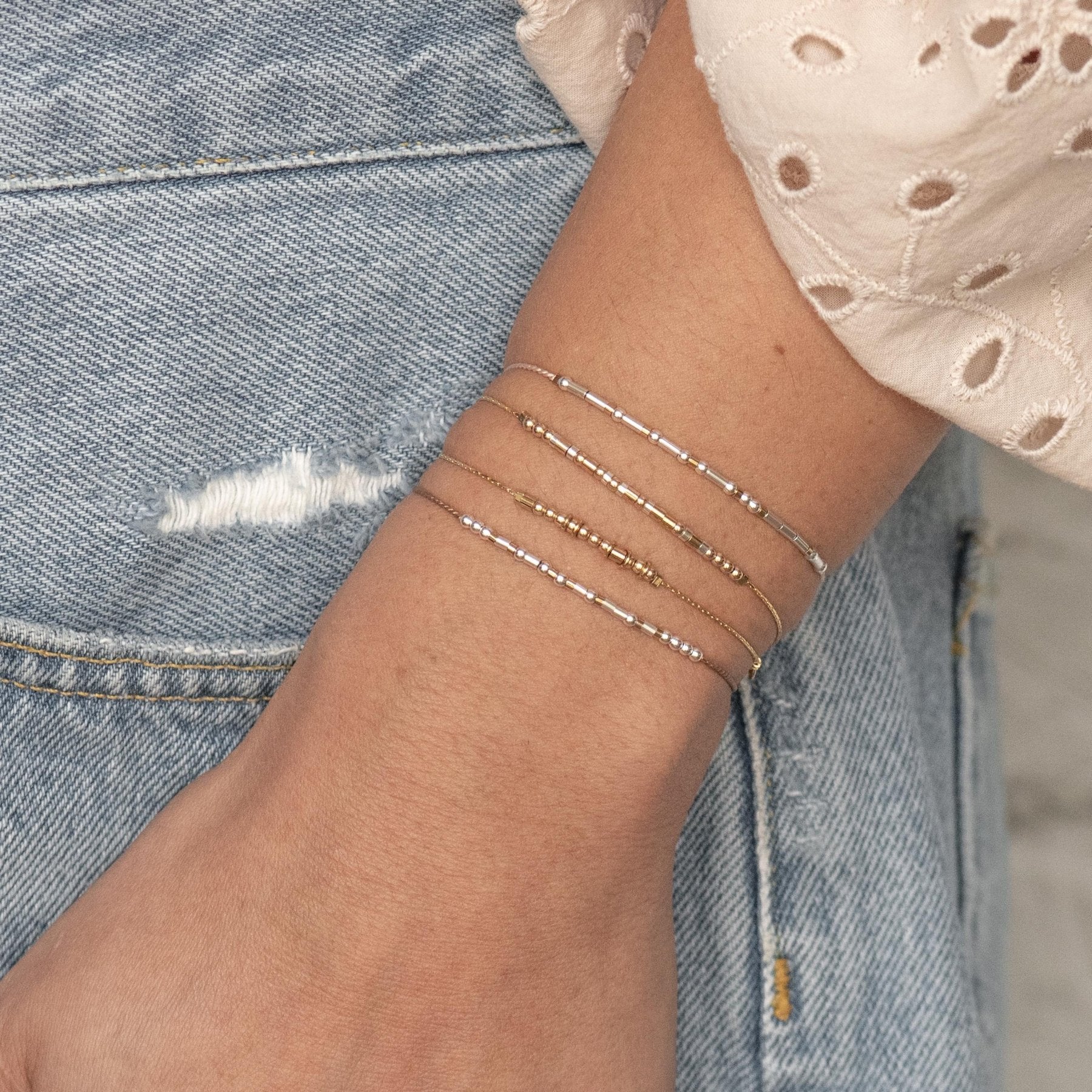 Be Strong - Sterling on Silk Morse Code Bracelet - Dainty 14K Gold & Silver Jewelry by Olivia Cactus