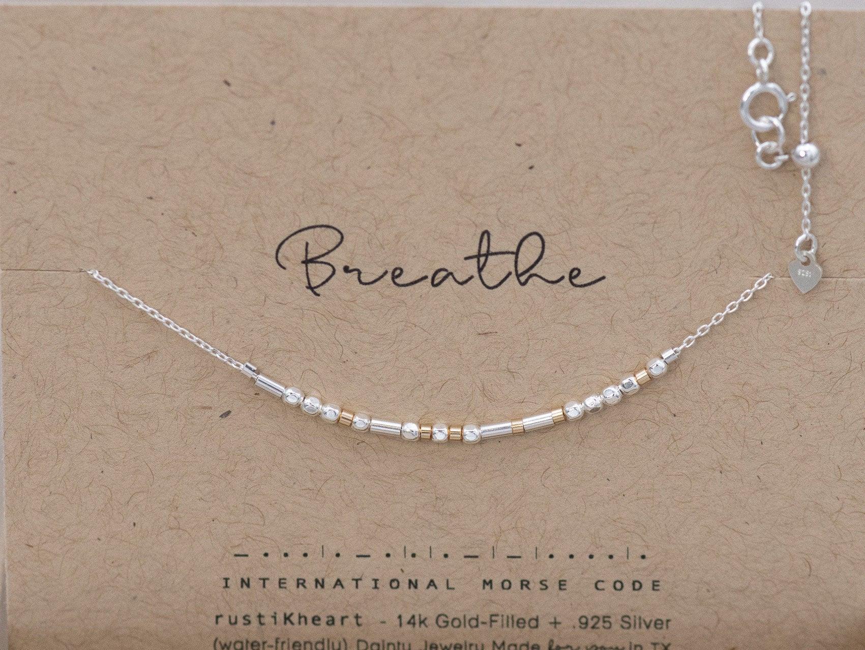 Custom Morse Code Silver Necklace - Personalized Gift Morse Code Jewelry Breathe Necklace Remember to Breathe Yoga Relax Yogi Gift Morse and Dainty Jewelry by Olivia Cactus