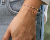 Dainty Gold Cross + Pink Chain Bracelet - Dainty 14K Gold & Silver Jewelry by Olivia Cactus