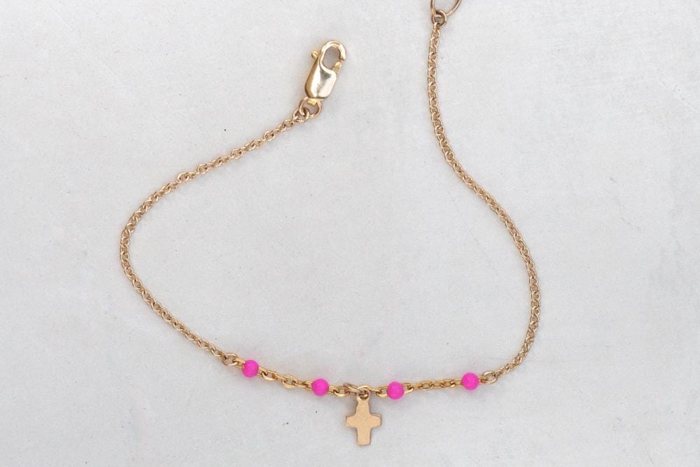 Dainty Gold Cross + Pink Chain Bracelet - Dainty 14K Gold & Silver Jewelry by Olivia Cactus