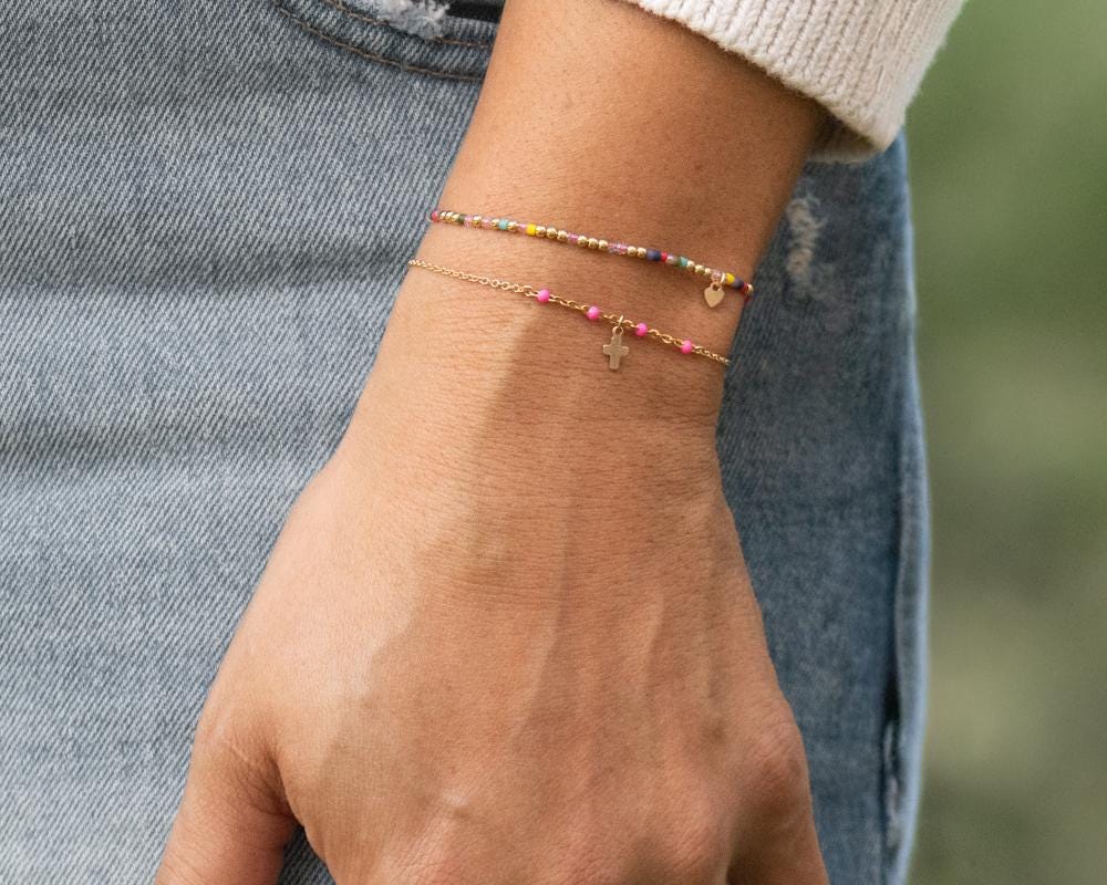 Dainty Gold Cross + Pink Chain Bracelet - Dainty 14K Gold & Silver Jewelry by Olivia Cactus