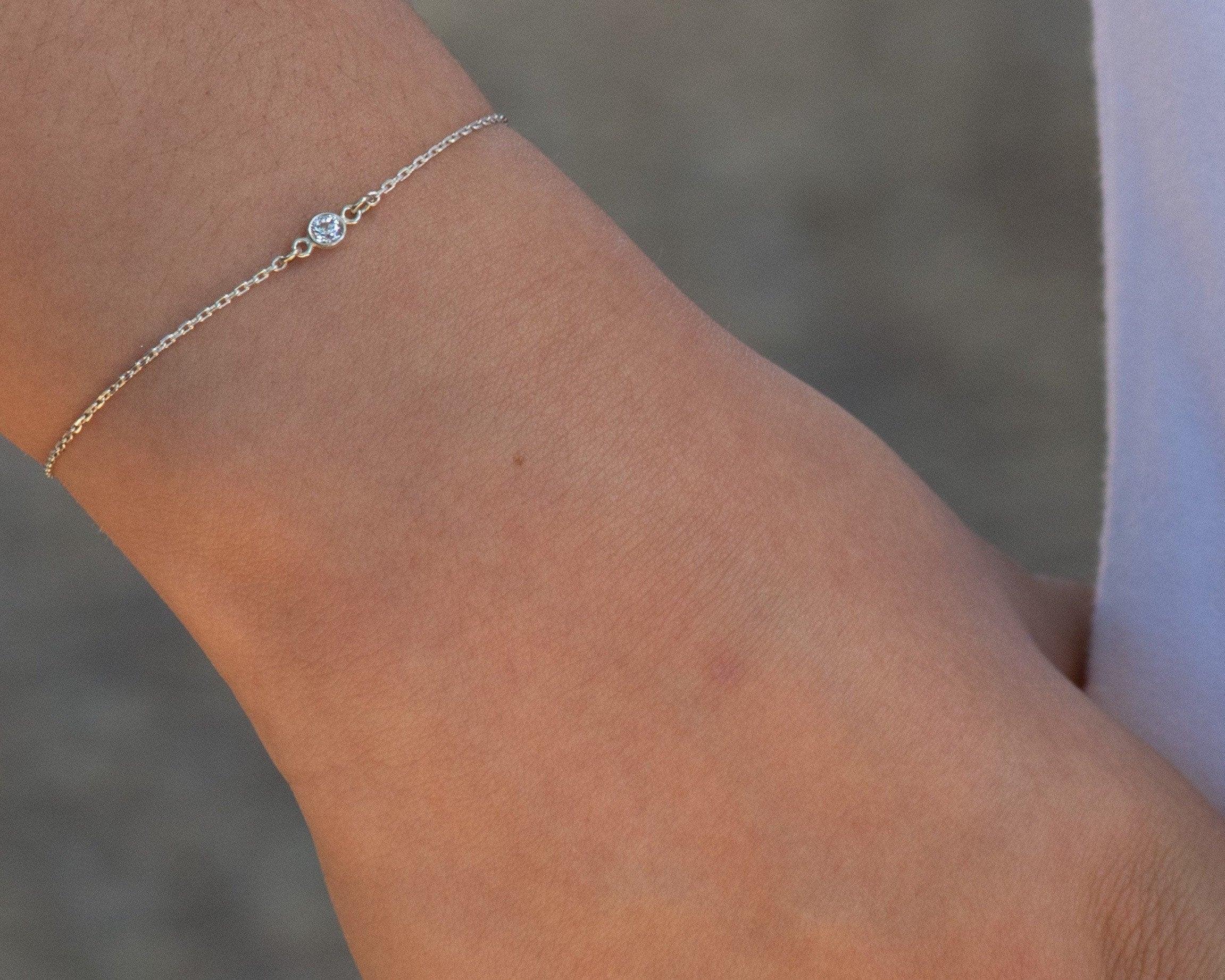 Dainty Solitaire Silver Chain Bracelet White Round Diamond Cut CZ Charm Simple Elegant Feminine Bracelet Minimalist Jewelry tiniest stone 71 Morse and Dainty Jewelry by Olivia Cactus